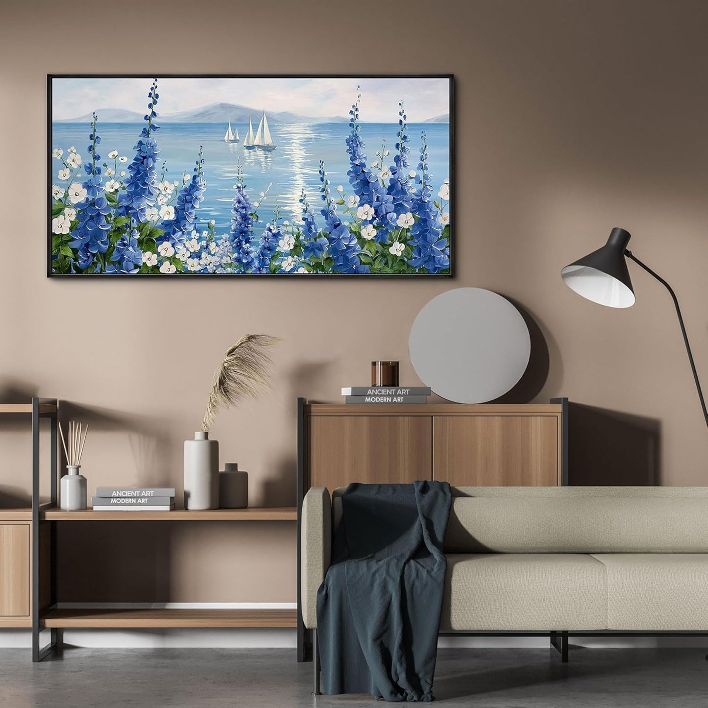 XLSJERST Sailboat Wall Art - Blue Canvas Abstract Painting Textured Picture Artwork Vintage Nautical Flower Painting Coastal Modern Print 20"x40" Frame for Living Room Bedroom Office Home Decoration