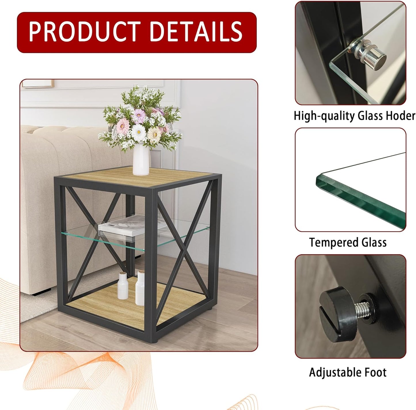 Farmhouse End Table, Modern Side Table with 3-Tier Storage Shelf, Square Rustic Nightstand, Accent Tea Table, for Bedroom Office Living Room, Brown, Natural Wood, Glass, Metal