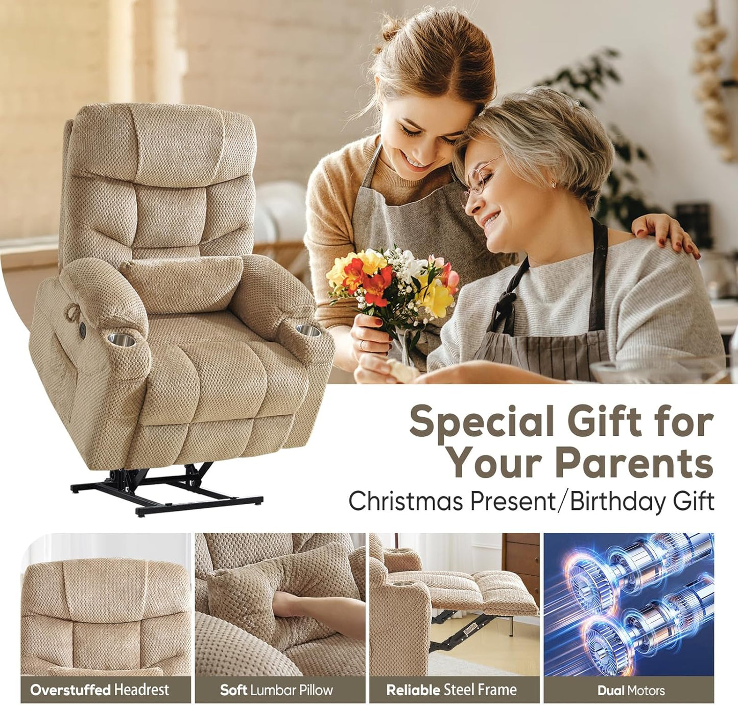 Oversized Dual Motor Lay Flat Power Lift Recliner Chair Set of 2 for Elderly with Massage and Heat, Textile Large Recliner Chair, Lift Chairs Recliner with Lumbar Pillow, Cup Holder, Beige