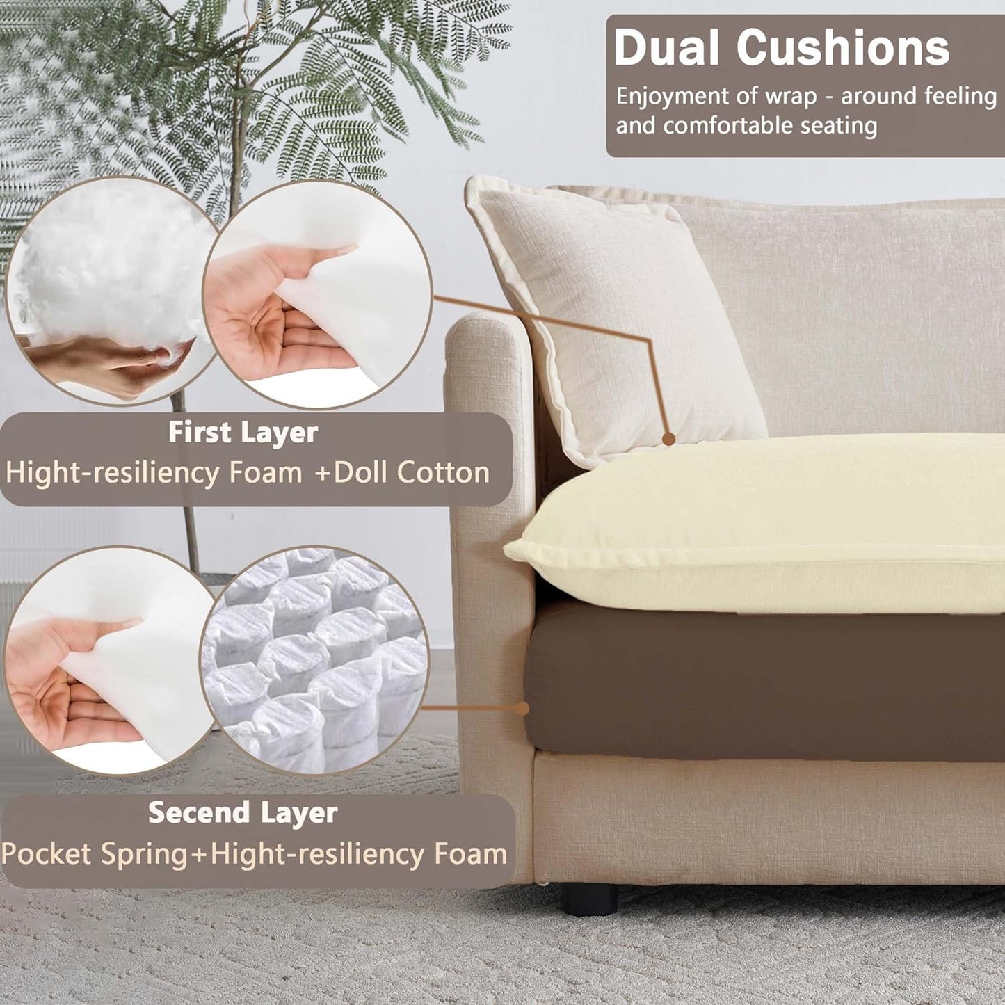 Sectional Sofa 2 Seater with Movable 1 Ottoman,Oversized Modular Couch Deep Seat (Light Coffee, 76.7 inch-L)