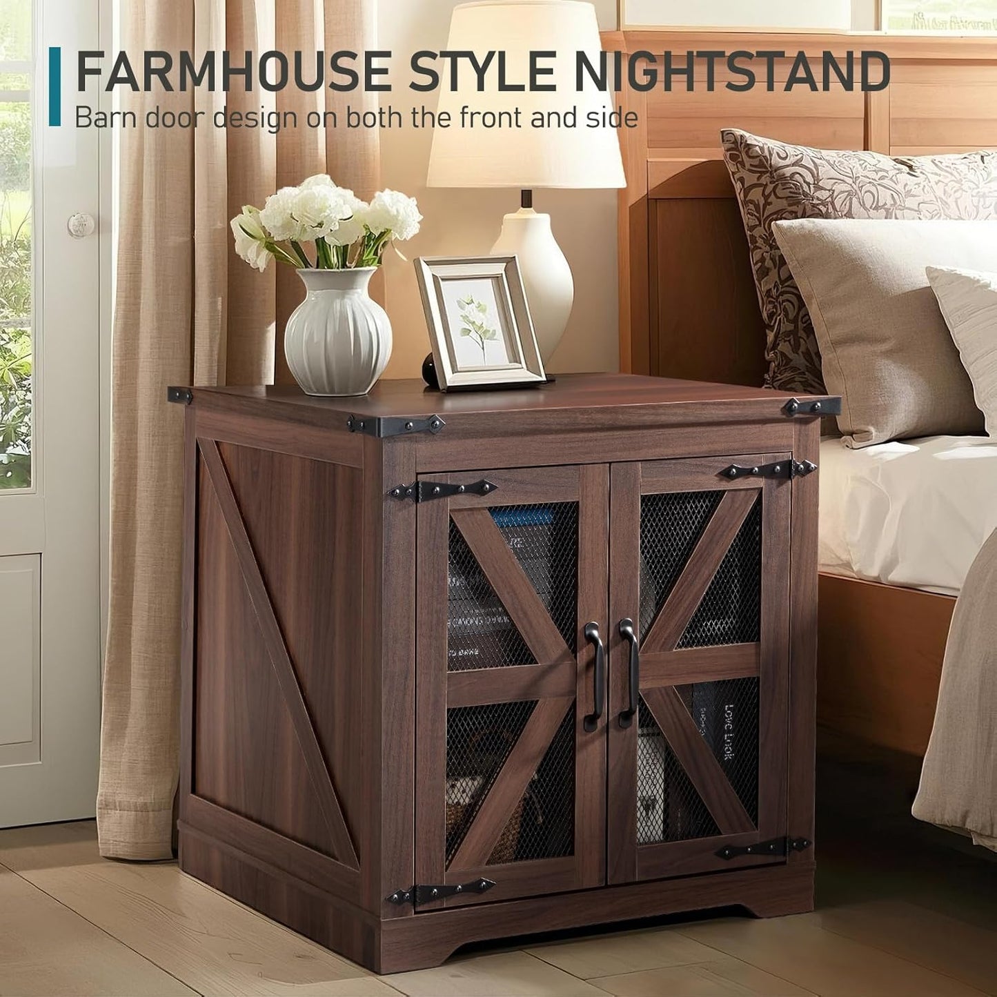 Farmhouse End Table Set of 2, 24" Large Sofa Side Table with Charging Station, Mesh Barn Door, Rustic Wood Nightstand with Adjustable Storage Shelf, Square Nightstand for Living Room