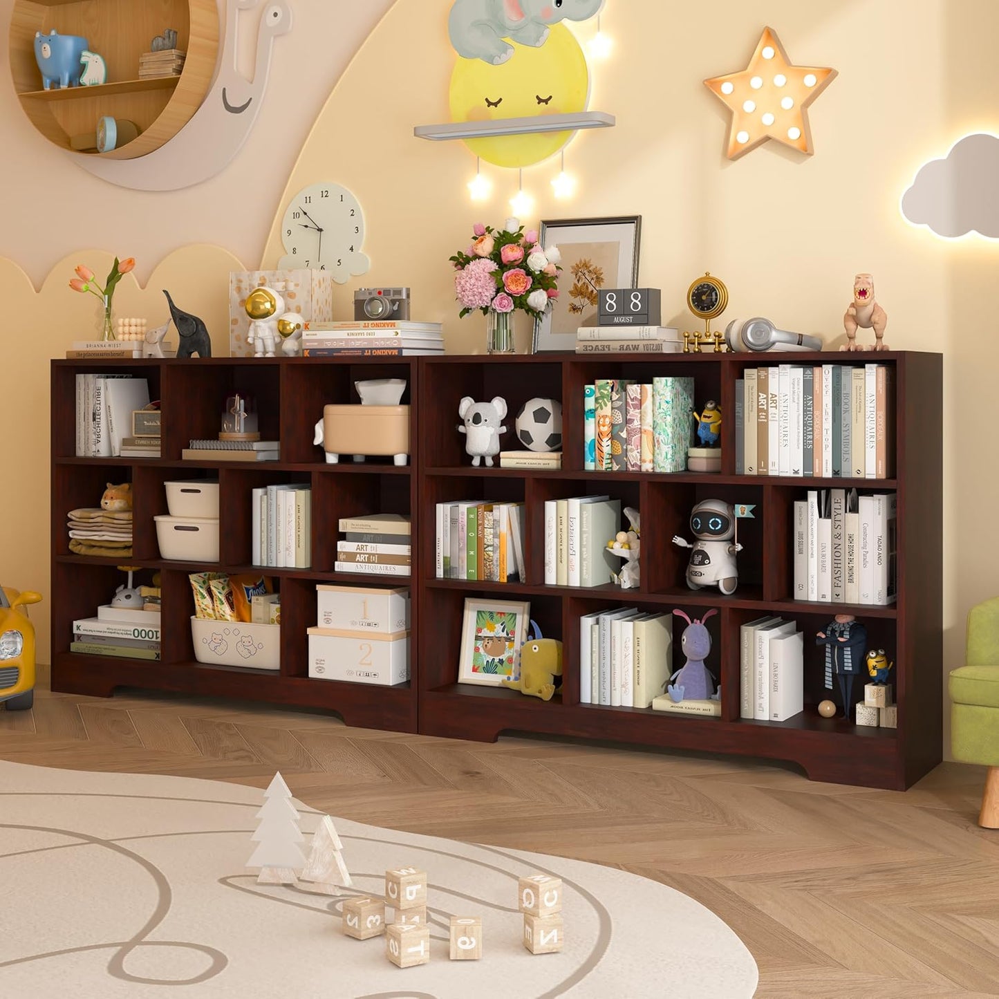 Book Shelf, 10 Cubes Storage Organizer, 3-Tier Open Shelf Wooden Bookcase, Freestanding Cherry Bookshelf Cube Shelf for Living Room