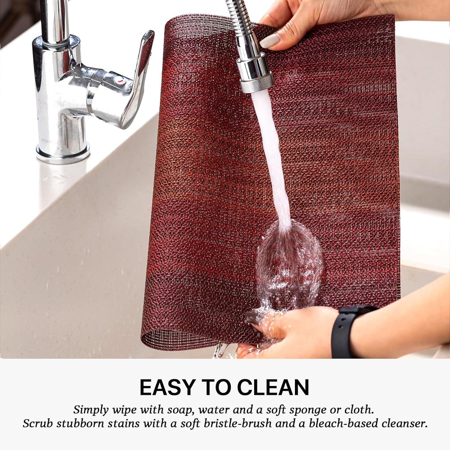 LEXMORE Placemats Set of 4 Vinyl/Plastic Woven Place Mats for Kitchen Table Indoor/Outdoor Washable Placemat Wipeable Dining Table Mats(Pomegranate Parade)