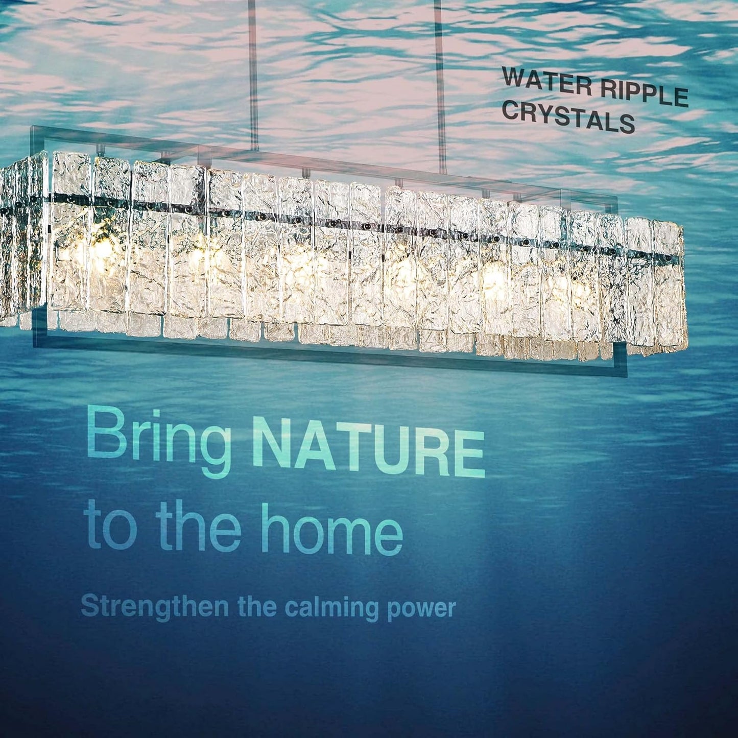 IKK Modern Rectangle Black Crystal Chandeliers for Dining Room, 42" Large Rectangular Water Ripple Glass Island Light Fixture, Linear Farmhouse Lighting for Kitchen Island, Living Room, L42xW11xH12