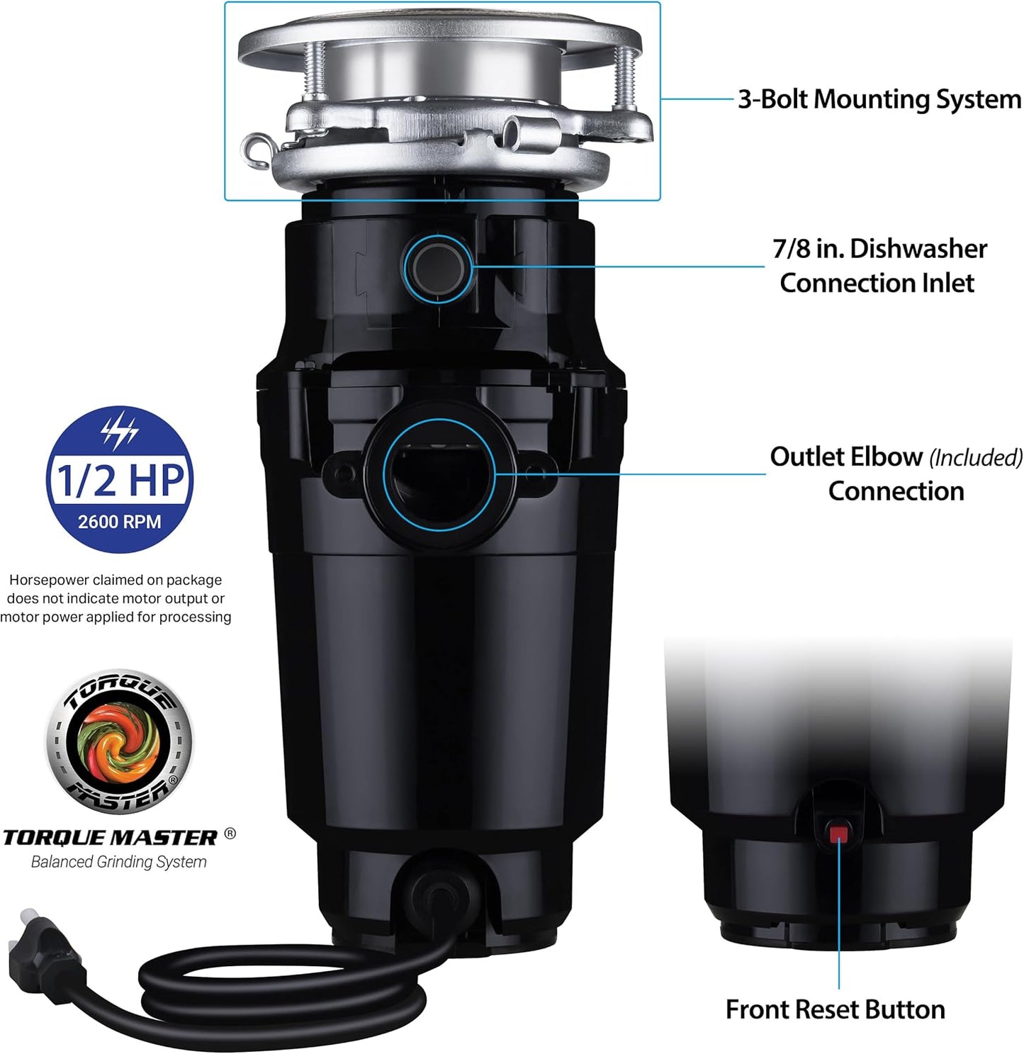 Waste Maid 10-US-WM-158-3B Garbage Disposal Anti-Jam Stainless Steel Food Waste Grinding System, 1/2 HP Standard, Black