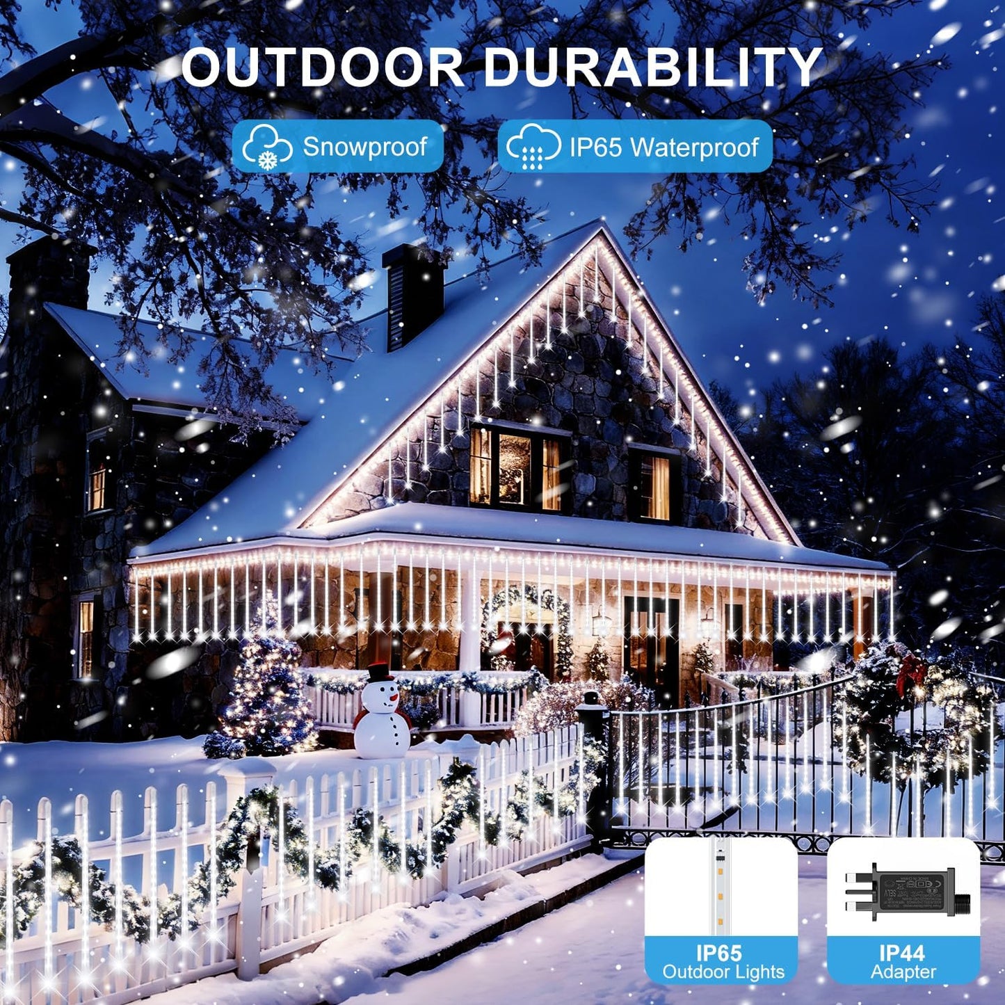 PEMOTech Christmas Lights Outdoor,16 Tubes 16 Inch 576 LED Meteor Shower Lights, Waterproof Christmas Decorations Icicle Light for Xmas Tree Halloween Party, Ul Plug,Cool White