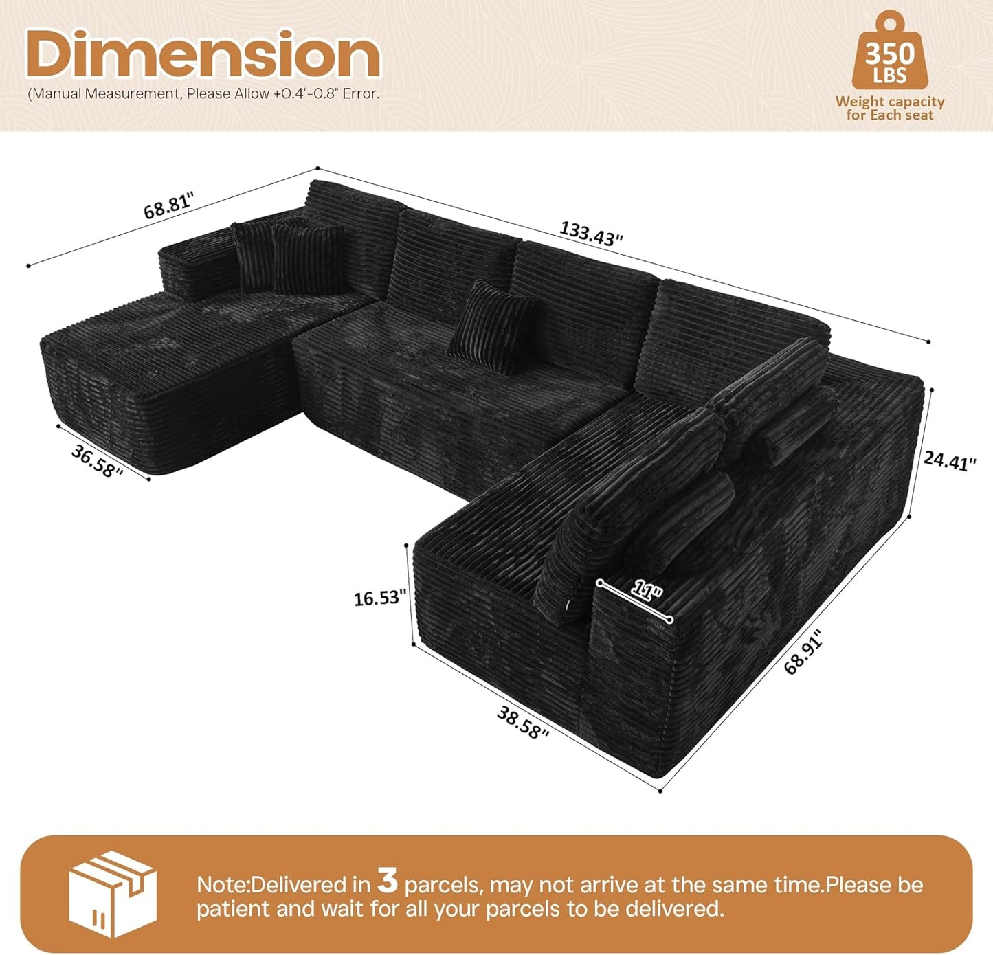 Cloud Sectional Couches for Living Room,U Shaped Modular Sofas No Assembly,133x68 Inches Plush Corduroy Oversized Floor Couch Set with Deep Seat Chaise,Black