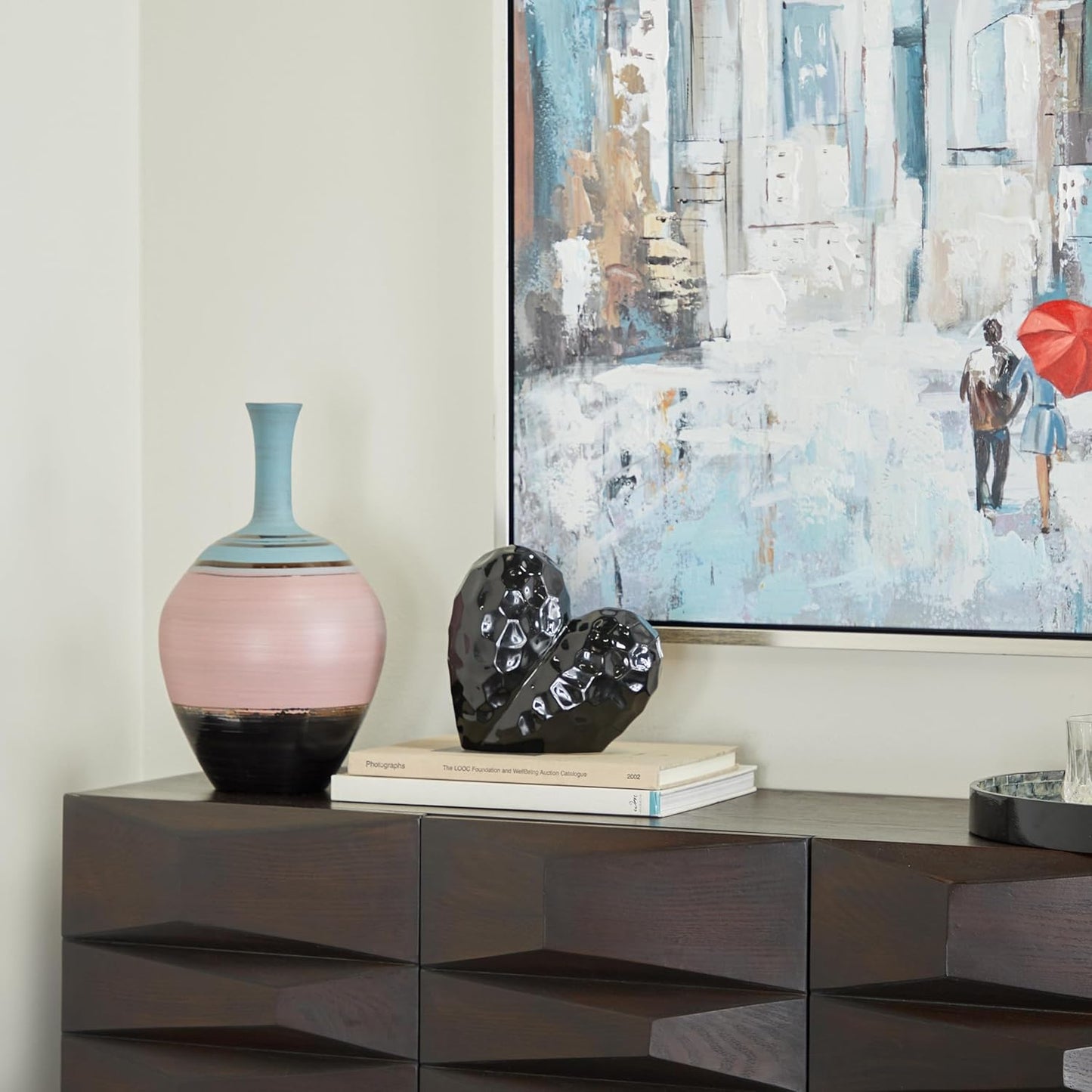 Deco 79 Porcelain Ceramic Heart Decorative Sculpture Dimensional Angled Origami Inspired Home Decor Statue, Accent Figurine 8" x 3" x 8", Black