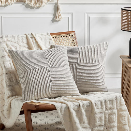 Fancy Homi 2 Packs Neutral Grey Decorative Throw Pillow Covers 20x20 Inch for Living Room Couch Bed Sofa, Farmhouse Boho Home Decor, Soft Corss Corduroy Patchwork Accent Square Cushion Case 50x50 cm
