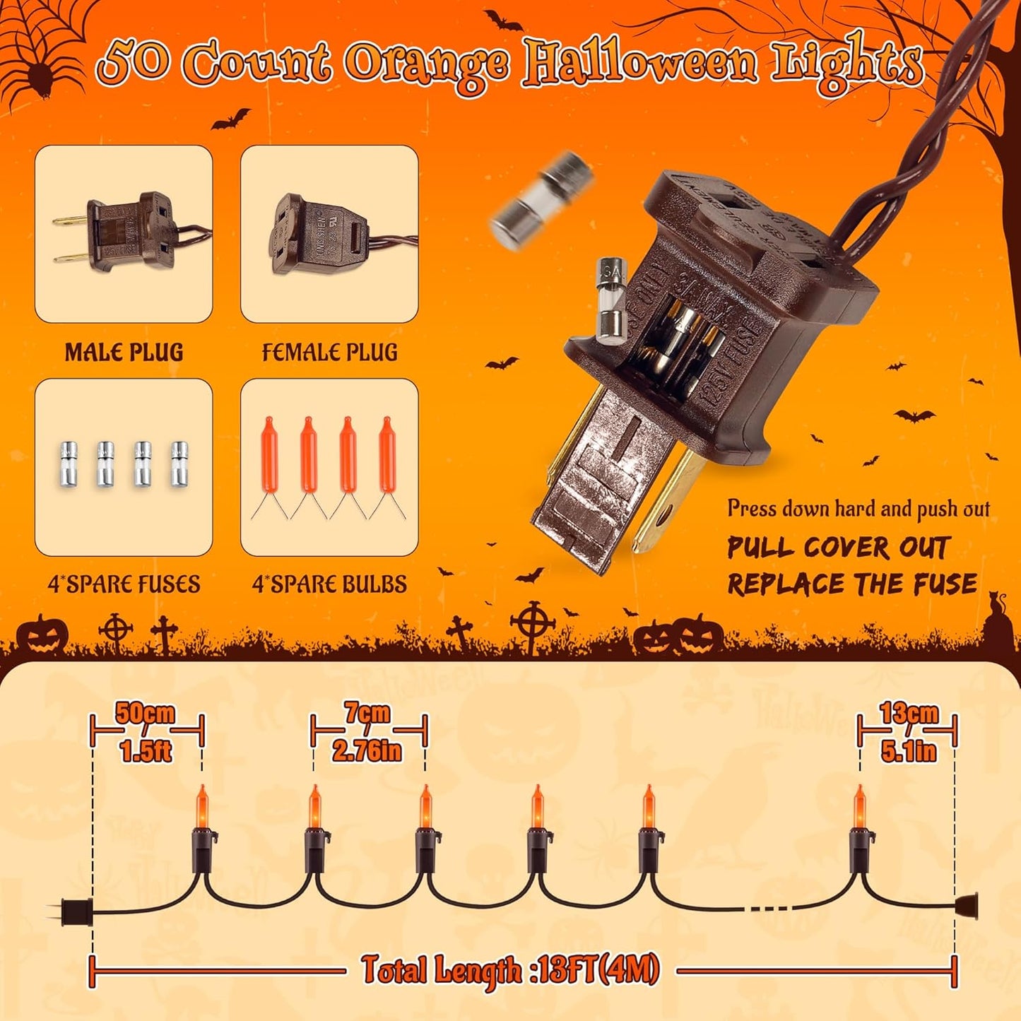 YOUNGAR Orange Halloween & Christmas Lights - 13FT, 50 UL Approved, Incandescent Mini Lights with Brown Wire, Plug in for Indoor & Outdoor Tree, Patio, Garden Xmas Decor