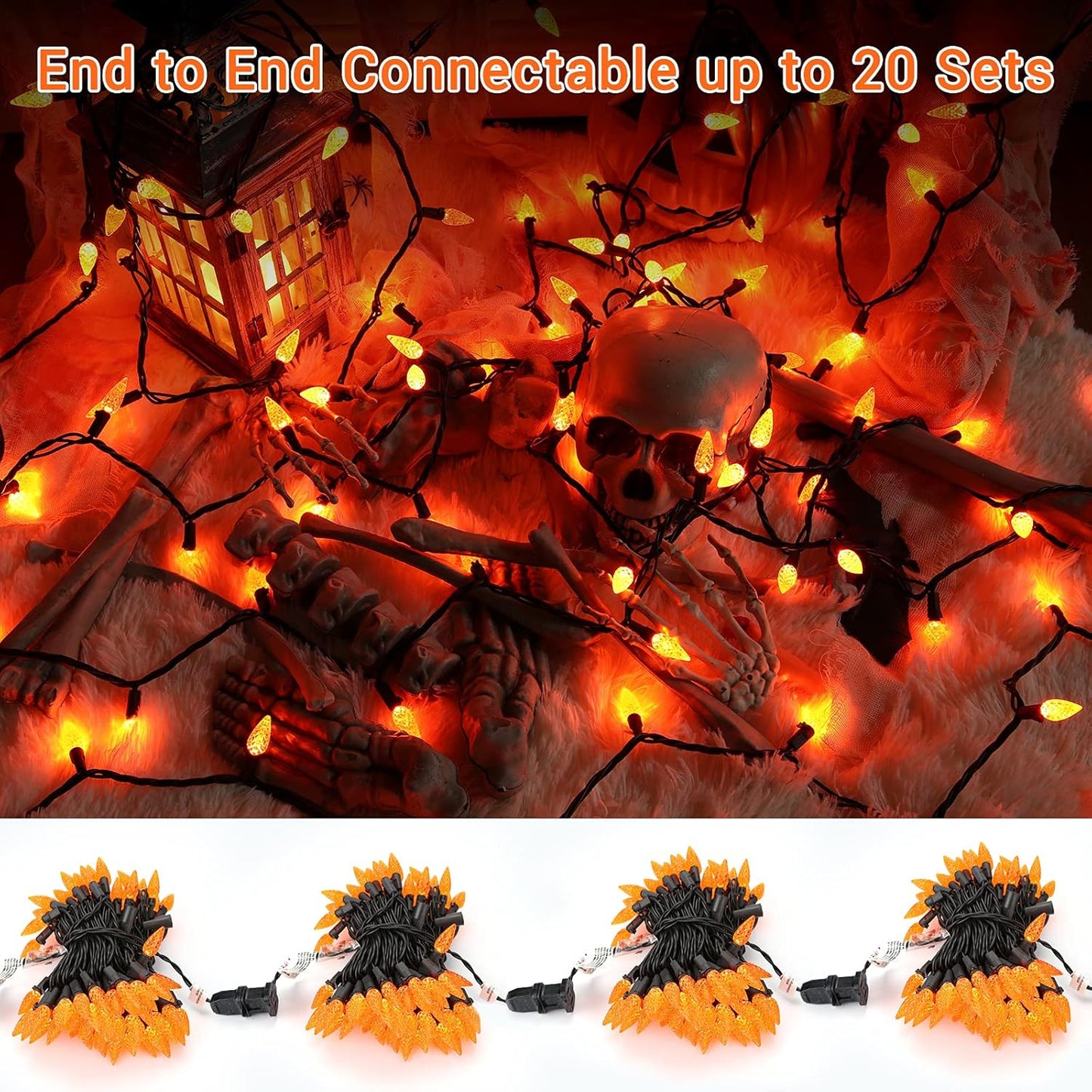 Brizled Orange String Lights, 33ft 100 LED Faceted C5 Orange Halloween Lights, 120V UL Certified Halloween Light Set Connectable Amber Light for Indoor & Outdoor Tree Xmas Party Decoration