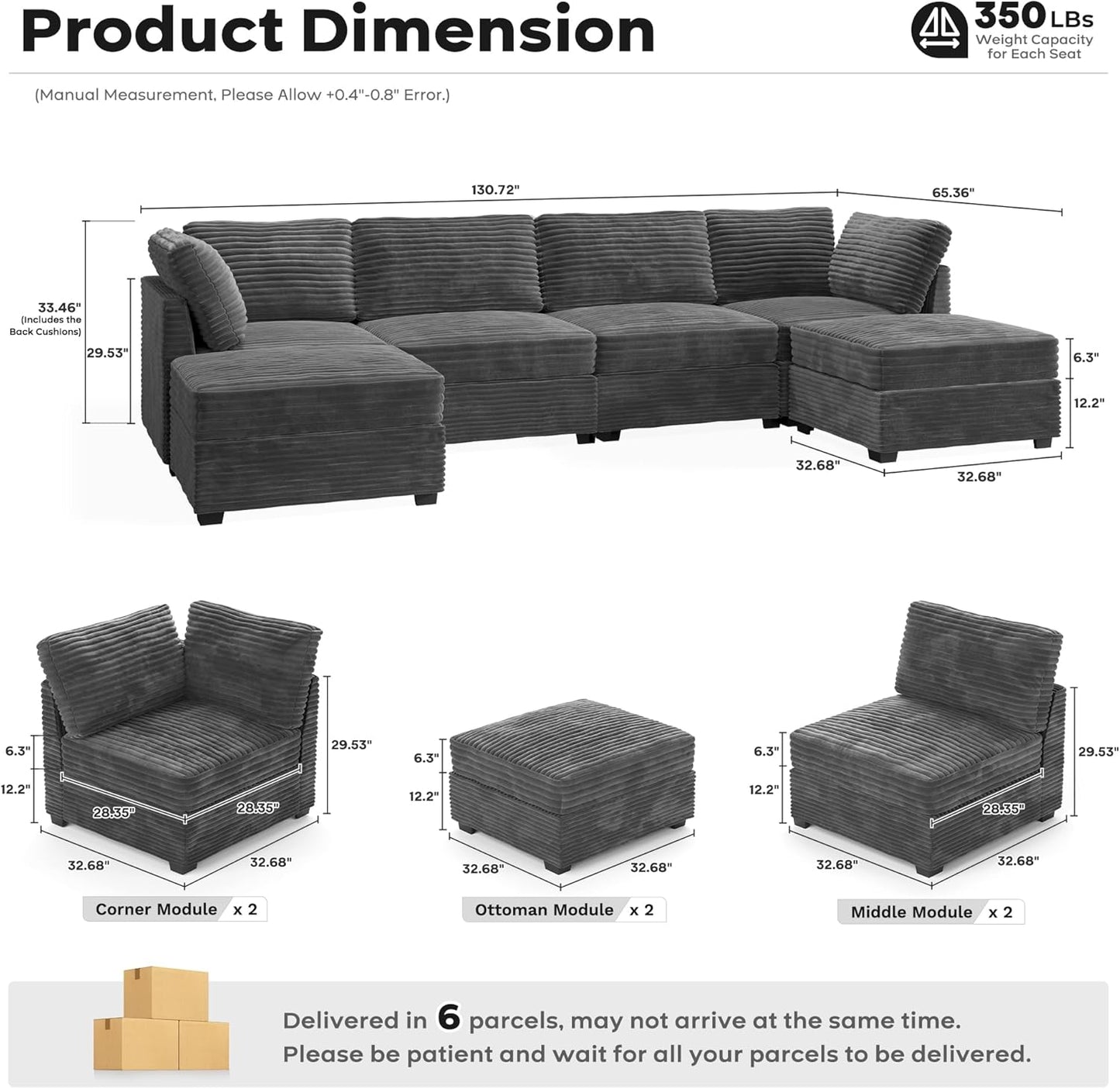 ovios Sectional Sofa Couch with U-Shape Chaise Ottomans, Comfy Modular Cloud Couches with Deep Seat, Modern Upholstered Plush Corduroy Sofas Set for Living Room, 6-Seater, Grey
