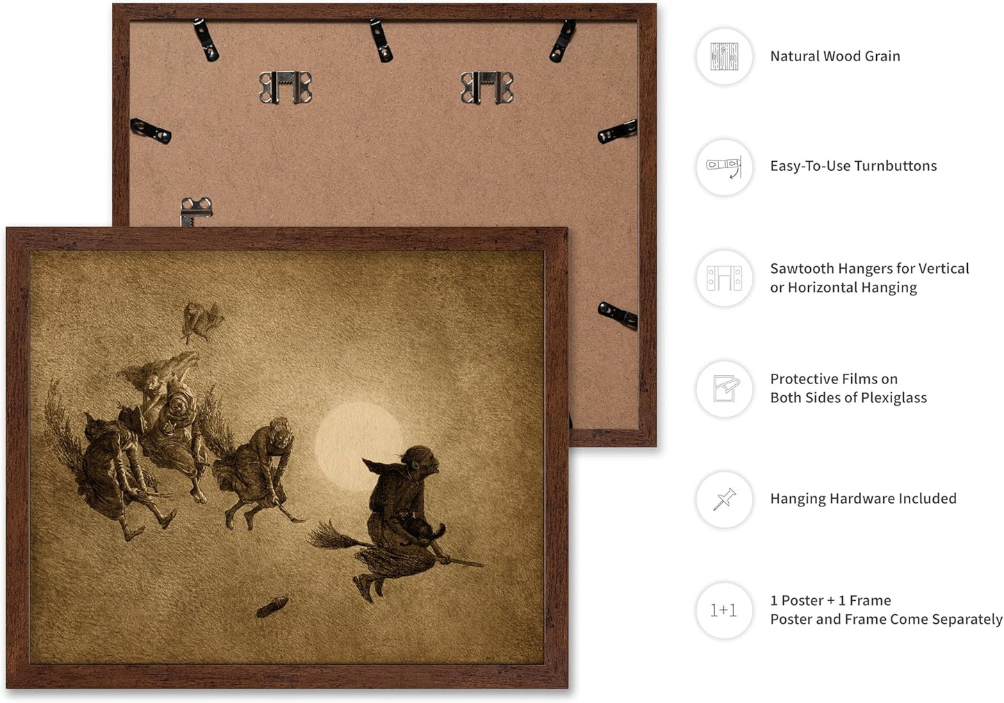 Poster Master Vintage William Holbrook Beard Poster - Retro Occult Print - Gift for Gothic, Horror Fan - The Witches Ride, Pagan, Goth, Magic - Wall Decor for Bedroom, Dorm, 11x14 Brown Framed