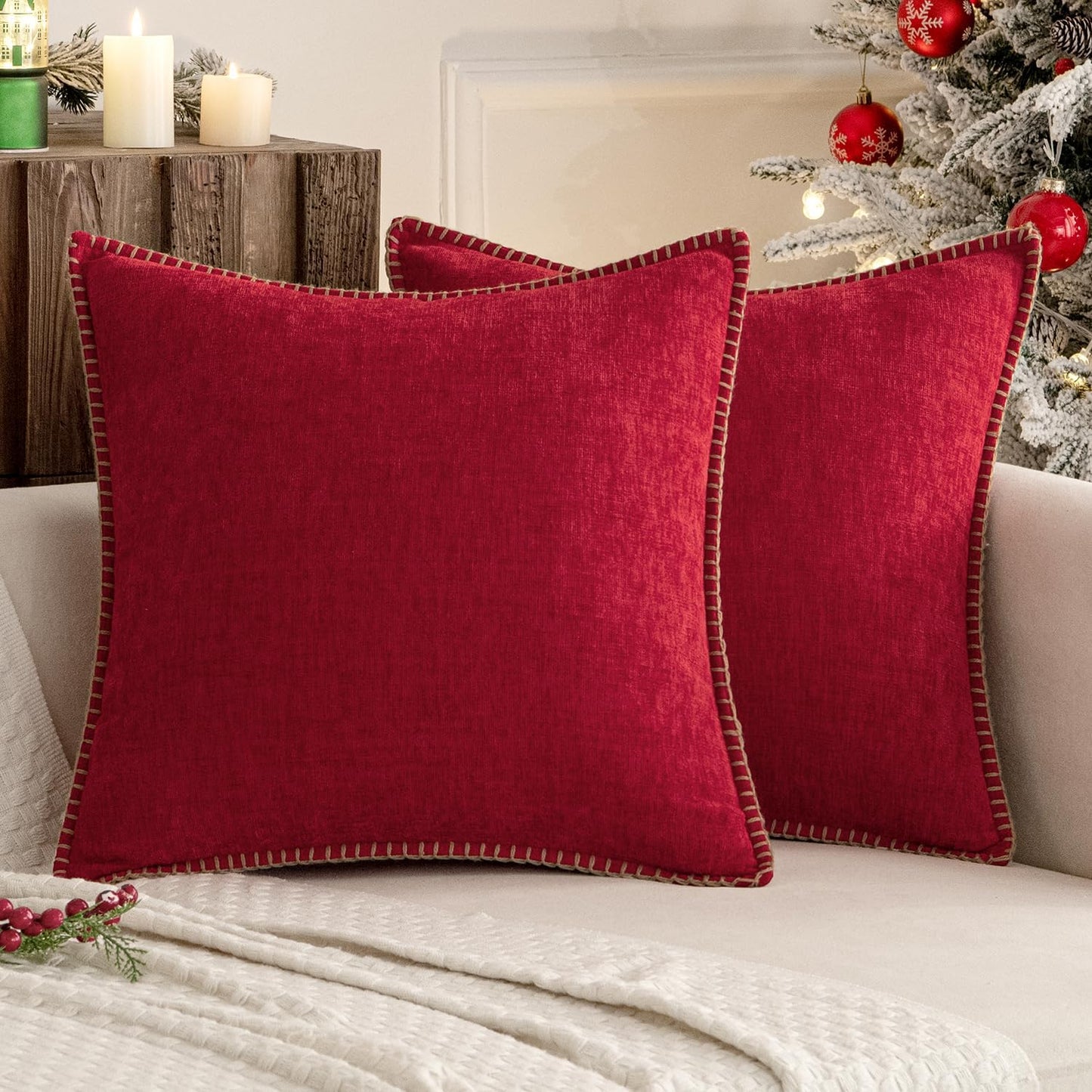 MIULEE Pack of 2 Christmas Pillow Covers 20x20 Inch Red Farmhouse Decorative Throw Pillow Covers with Stitched Edge Soft Chenille Solid Dyed Couch Pillow Covers for Sofa Bed Living Room