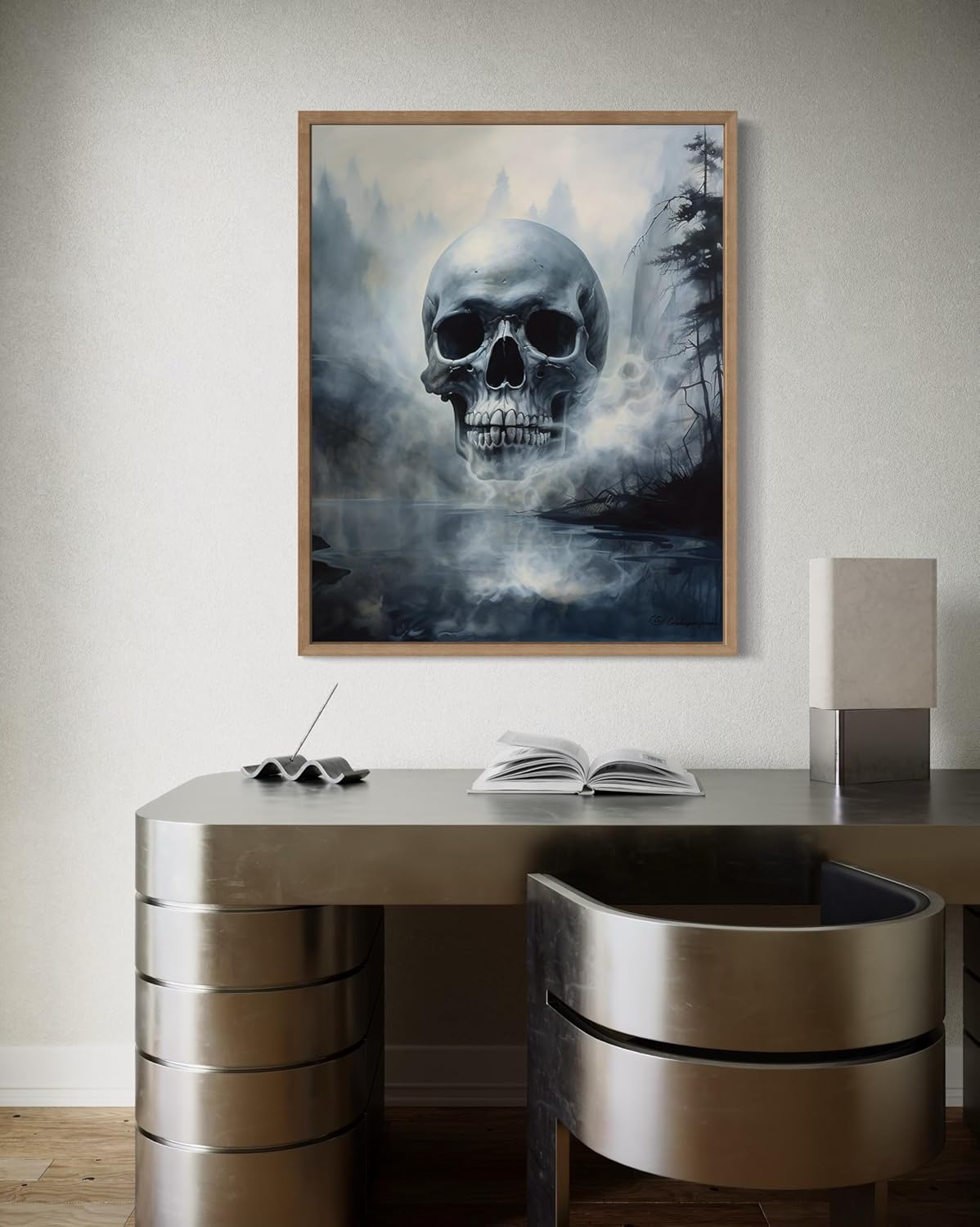 Foggy Skull Poster Art Print, Halloween Scary Vintage Wall Art Academia Spooky Painting Decoration for Horror Prints, Gothic Posters Bedroom Decor 89 (Foggy Skull, 11 x 14 inches, Wood Frame)