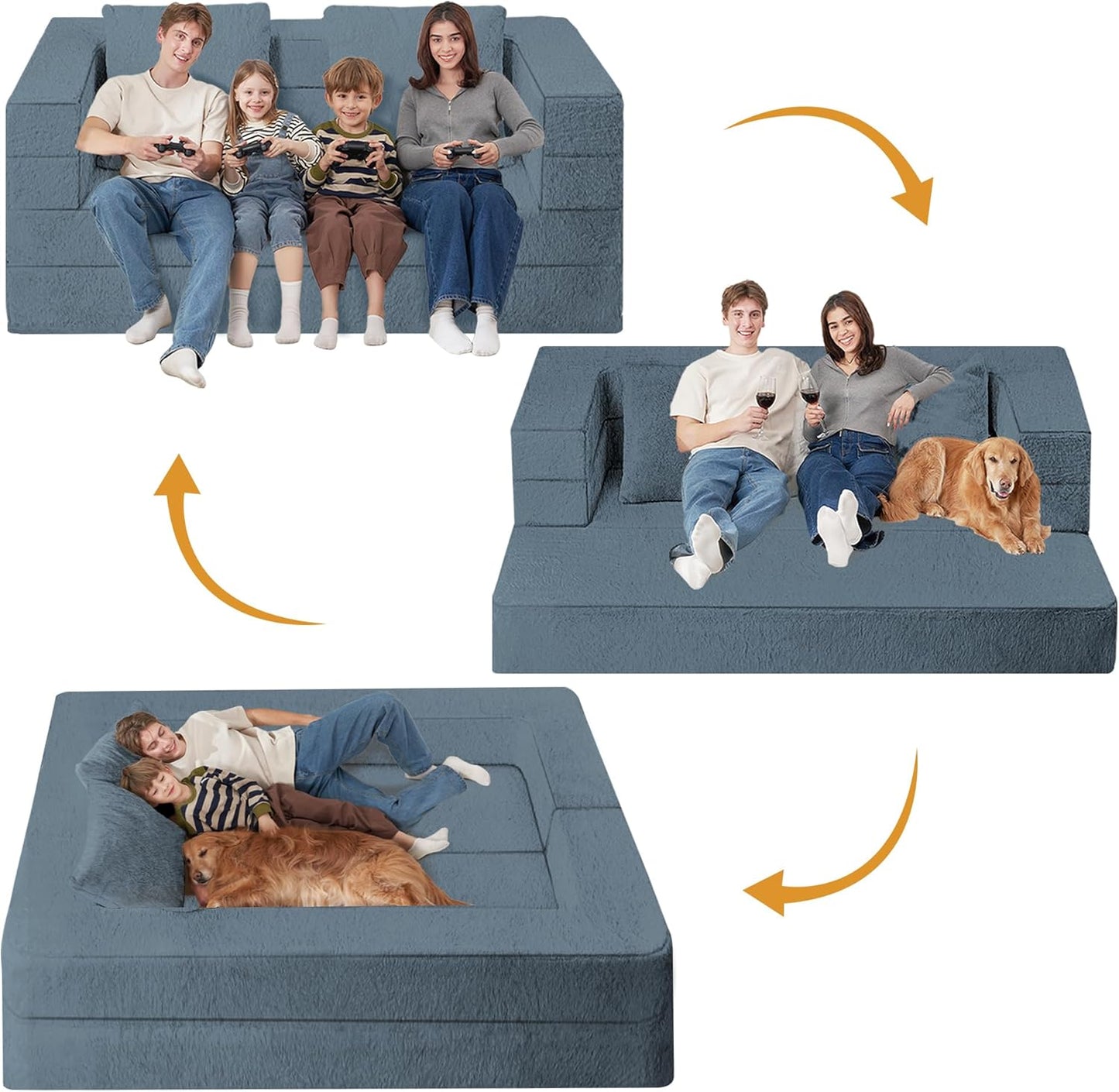 Folding Bean Bag Chair for Adults,3-in-1 Bean Bag Couch Faux Fur Floor Sofa Large Beanbag Convertible Bean Bag Sofa Bed with Pillow in Bedroom,Living Room,Apartment(Queen,Gray)