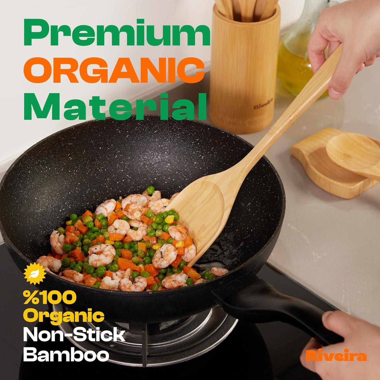 Riveira Brown Bamboo Wooden Spoons for Cooking Set of 6 – Natural Brown Bamboo Wooden Cooking Utensils, Wooden Spatula, Wooden Spoon - Premium Quality Wooden Utensil Set for Non-Toxic Cooking