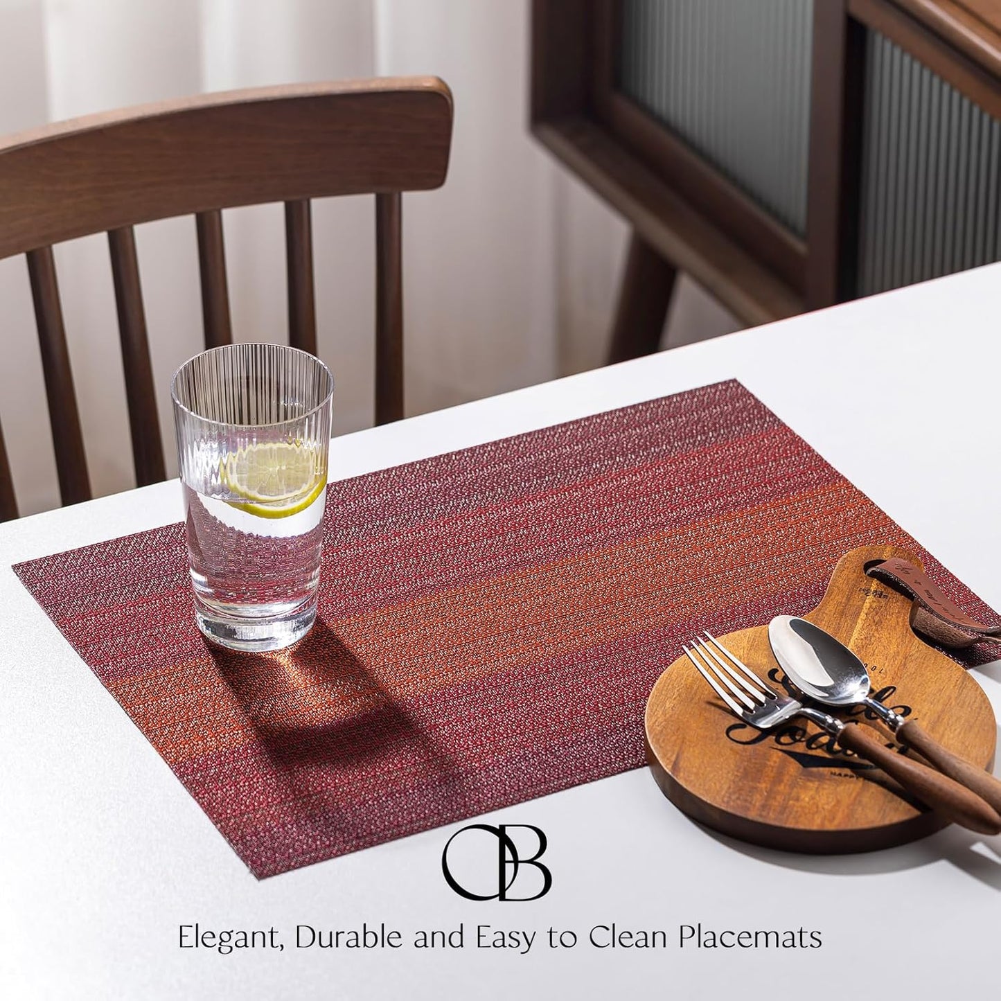 Placemats Set of 6 - Easy Clean Woven Vinyl Placemats for Dining Table, Indoor/Outdoor Place Mats, Washable PVC Table Mats（Pomegranate Parade）