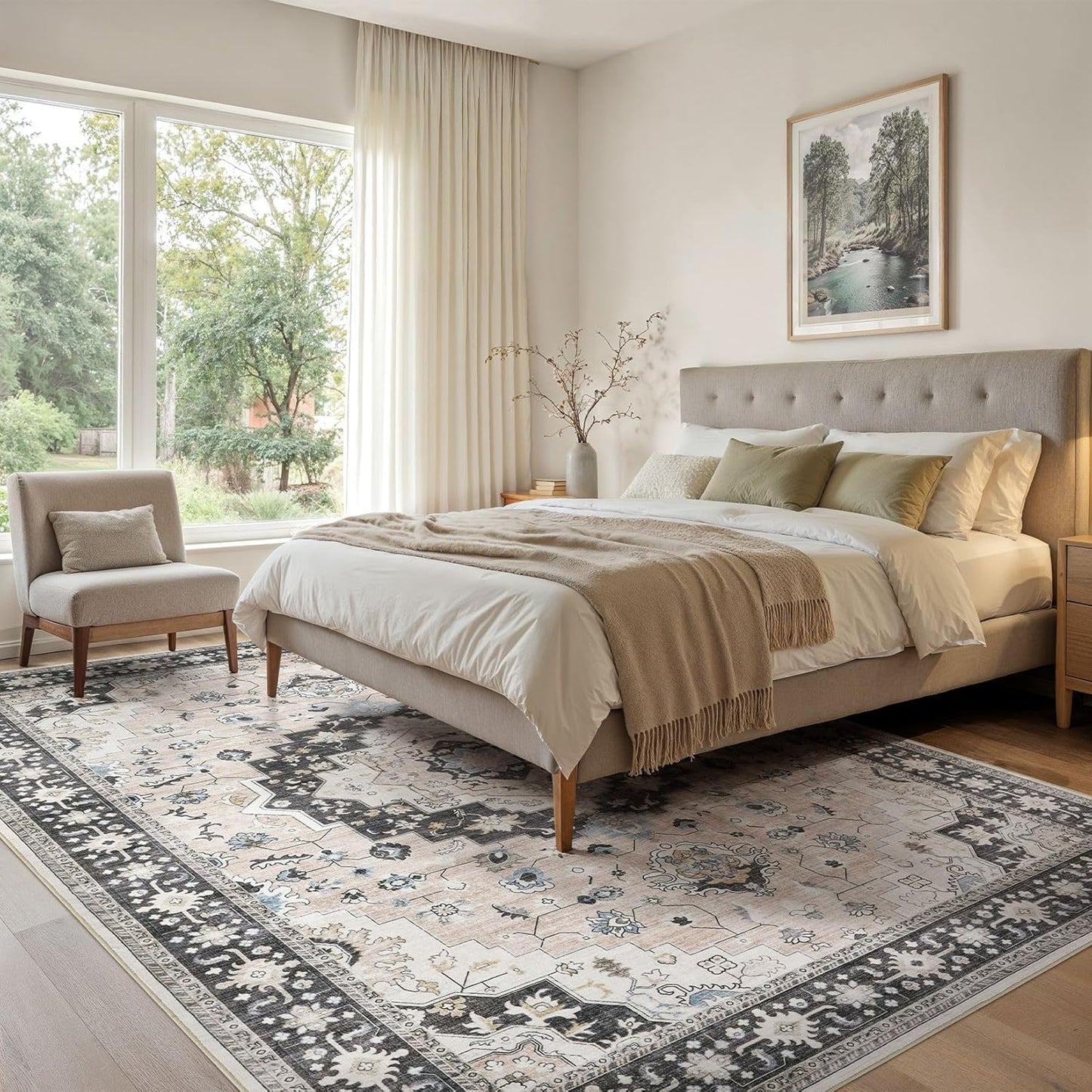 Washable Area Rugs for Living Room - 9x12 Neutral Vintage Distressed Floral Farmhouse Boho Large Soft Floor Rug Indoor Non Slip Carpet for Bedroom Dining Room Office - Pink/Dark Green