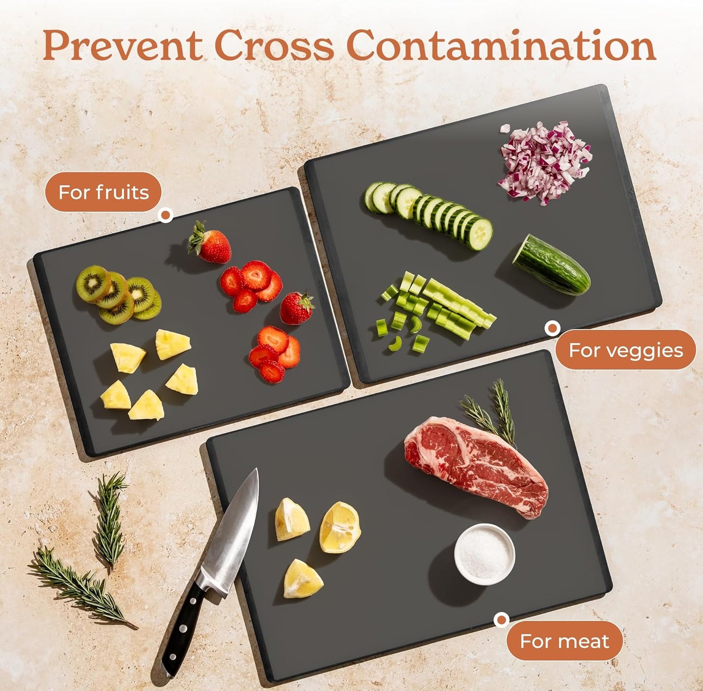 SMIRLY Plastic Cutting Board Set with Holder 4 Pieces, Non-Slip Dishwasher Safe Chopping Boards for Kitchen, Dark Grey