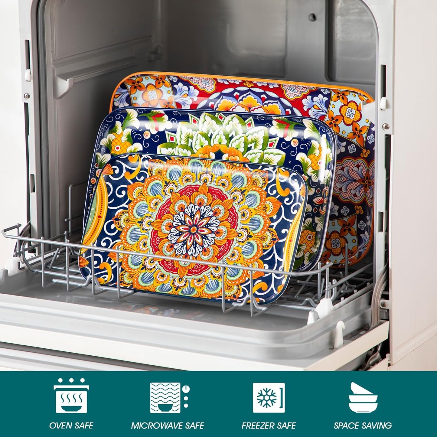vancasso Serving Platters Set of 3, 16"/14"/12" Inch Rectangular Trays - Serving Platter Extra Large, Bohemian Ceramic Serving Dish for Entertaining Food, Microwave & Dishwasher Safe, Colorful