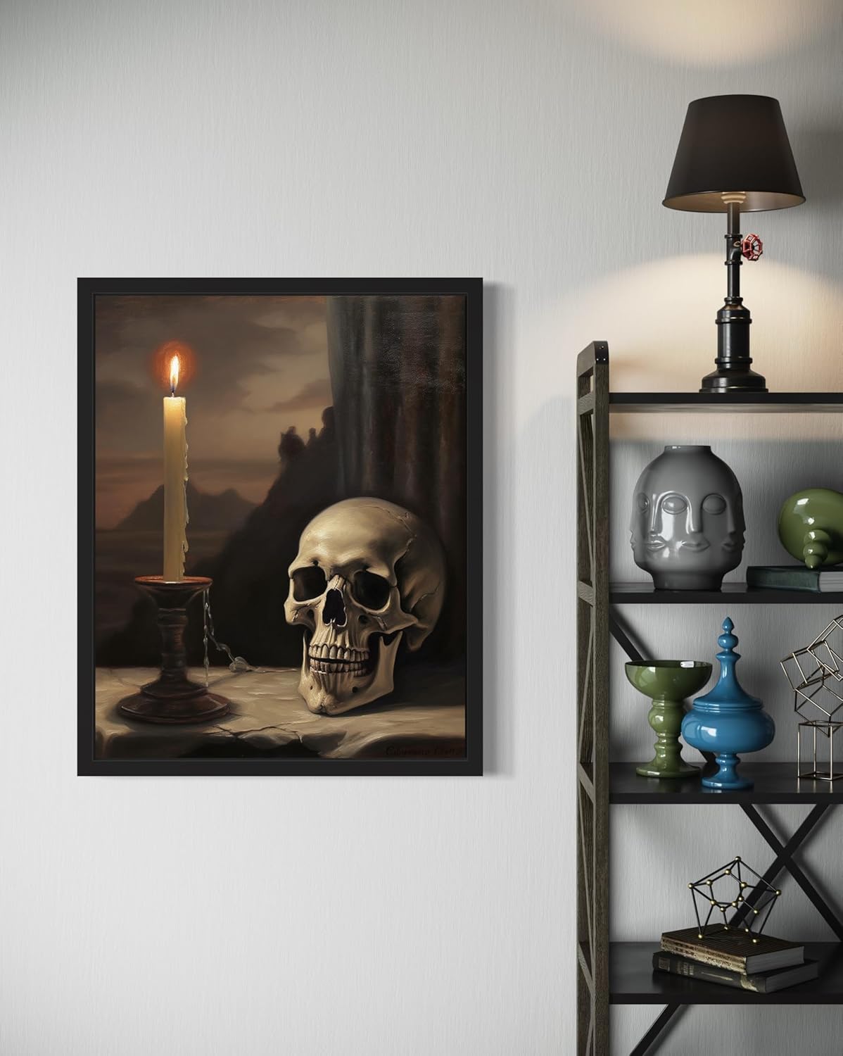 Skull and Candle Poster Art Print, Halloween Scary Vintage Wall Art Academia Spooky Painting Decoration for Horror Prints, Gothic Posters Bedroom Decor 89 (Skull and Candle, 8 x 10 inches, Black Frame)