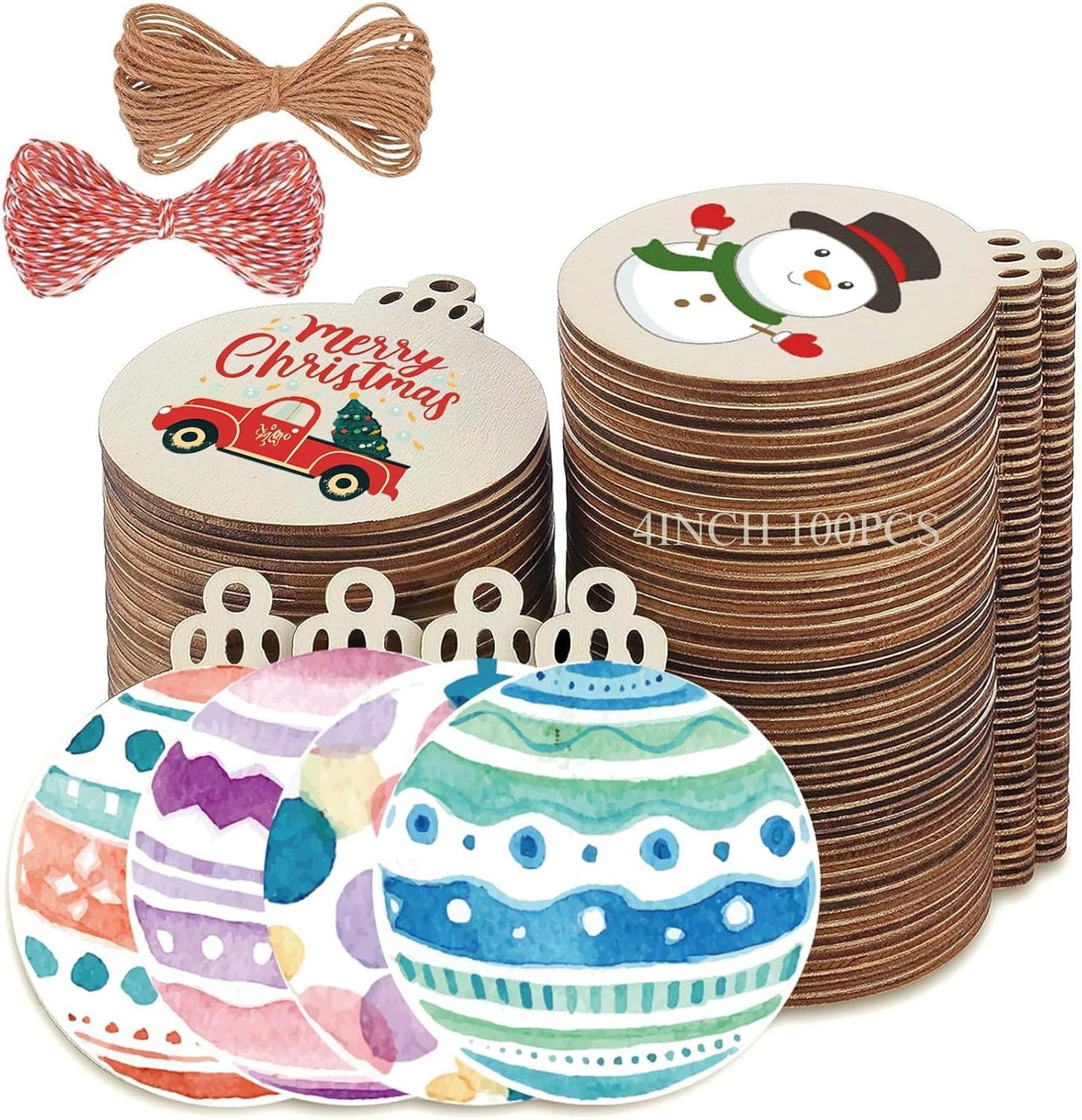 4" 100PCS Christmas Wooden Ornaments Unfinished, DIY Christmas Crafts for Kids Wood Slices DIY Crafts Supplies for Girls Adults, Christmas Ornaments Holiday Decoration