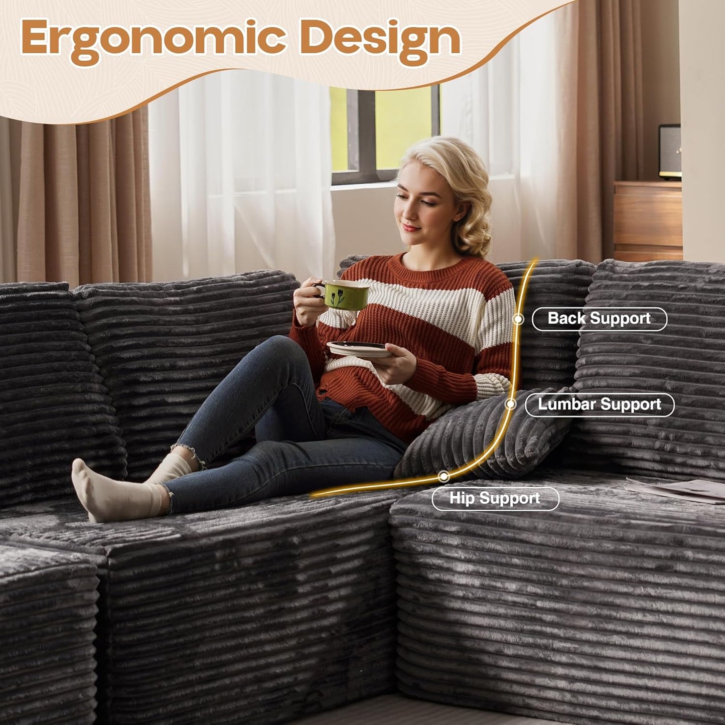 Cloud Sectional Couches for Living Room,G Shaped Modular Sofas No Assembly,135x133 Inches Plush Corduroy Oversized Floor Couch Set with Deep Seat Chaise,Grey