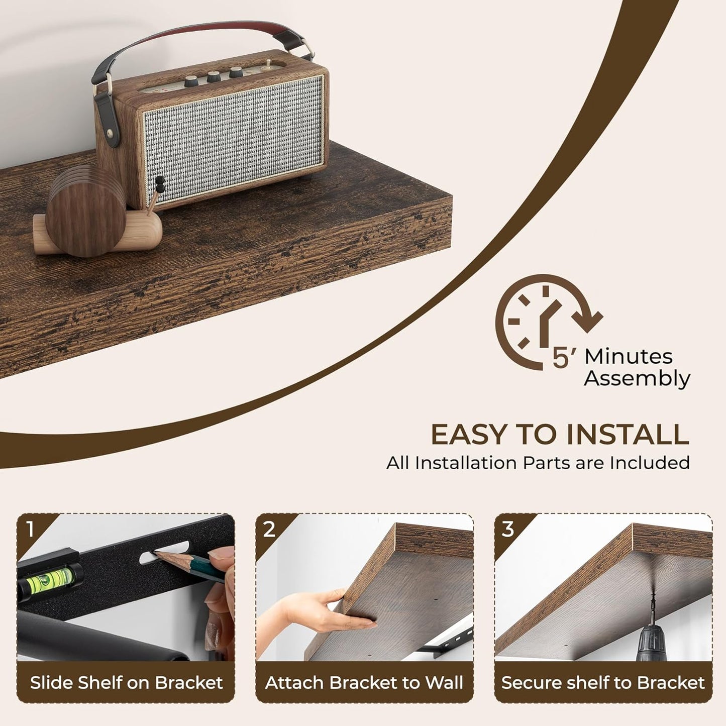 RICHFOCUS 31.5Inch Floating Shelves for Wall 2 Pack Shelves for Bedroom|Kitchen|Bathroom Wall Mounted Rustic Wood Floating Shelf with Invisible Brackets for Books|Storage|Decor, Rustic Brown