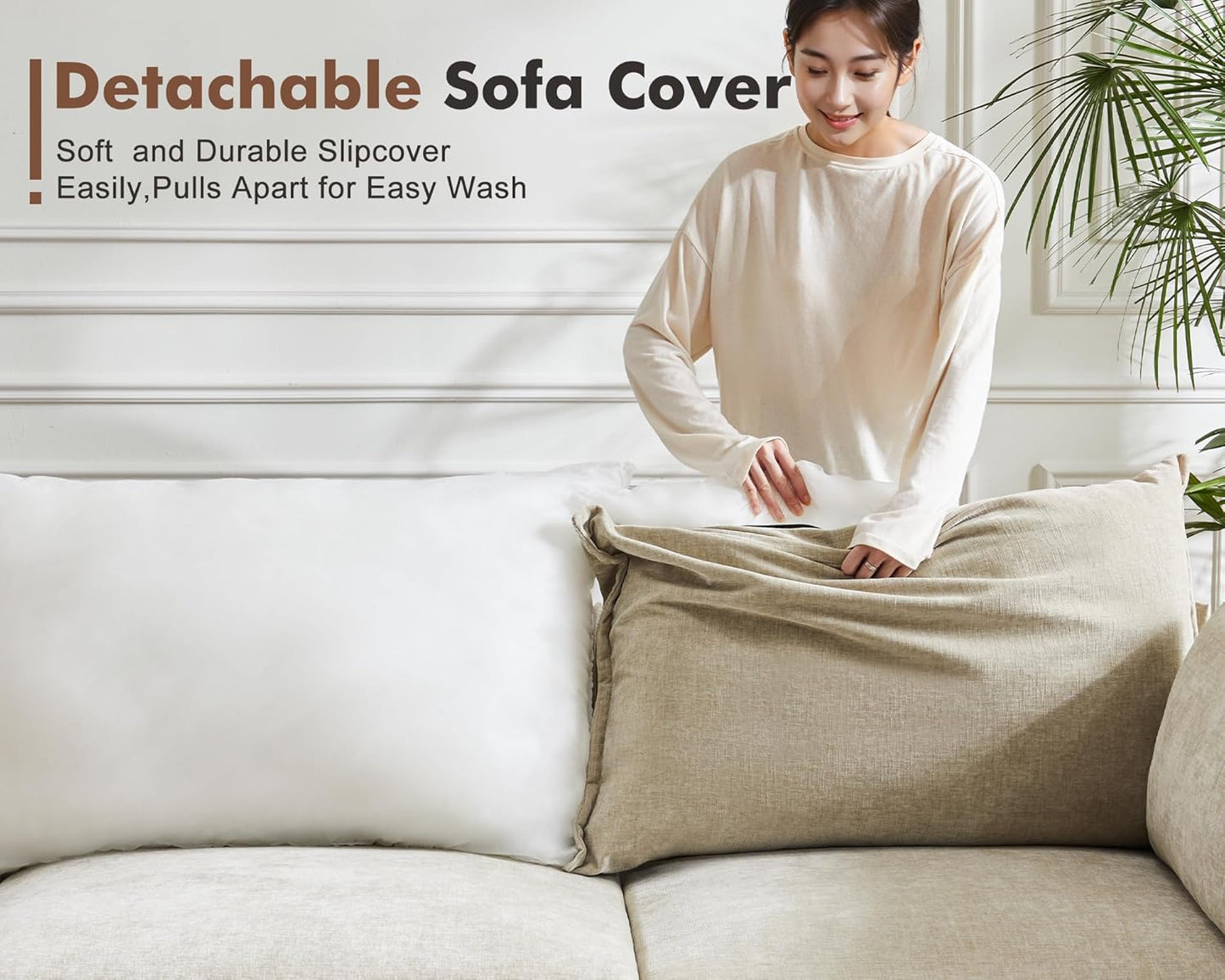 Oversized Accent Chair, Upholstered Modern Sofa Chair with Removable Backrest & Detachable Cover, 24.5" Deep Seat Large Reading Armchair for Living Room Bedroom Office - Chenille Beige Set of 2