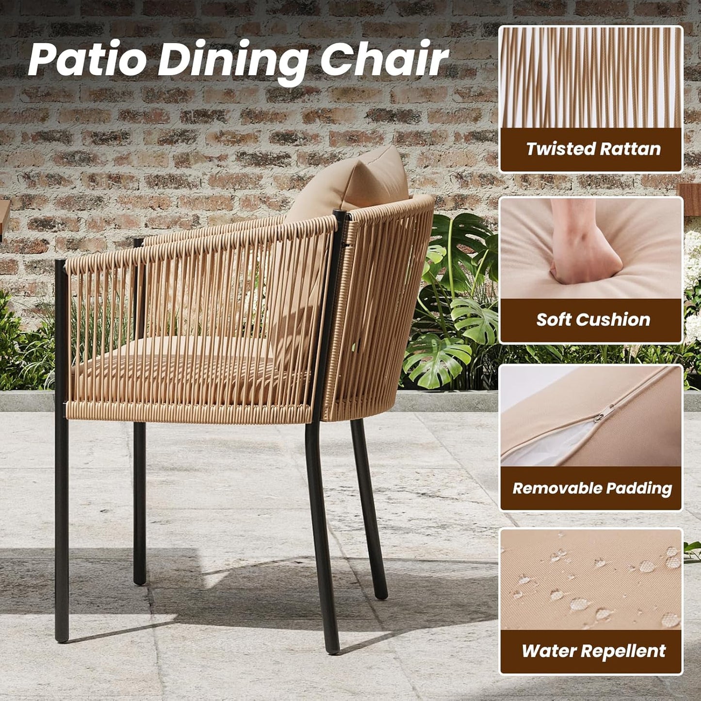 Soohow 5 Pieces Outdoor Dining Set for 4, Patio Table and Chairs Set 4 X Rattan Wicker Patio Chair with Cushions and 1 X Outdoor Table Plastic Wooden Top for Lawn, Deck Backyard, Poolside