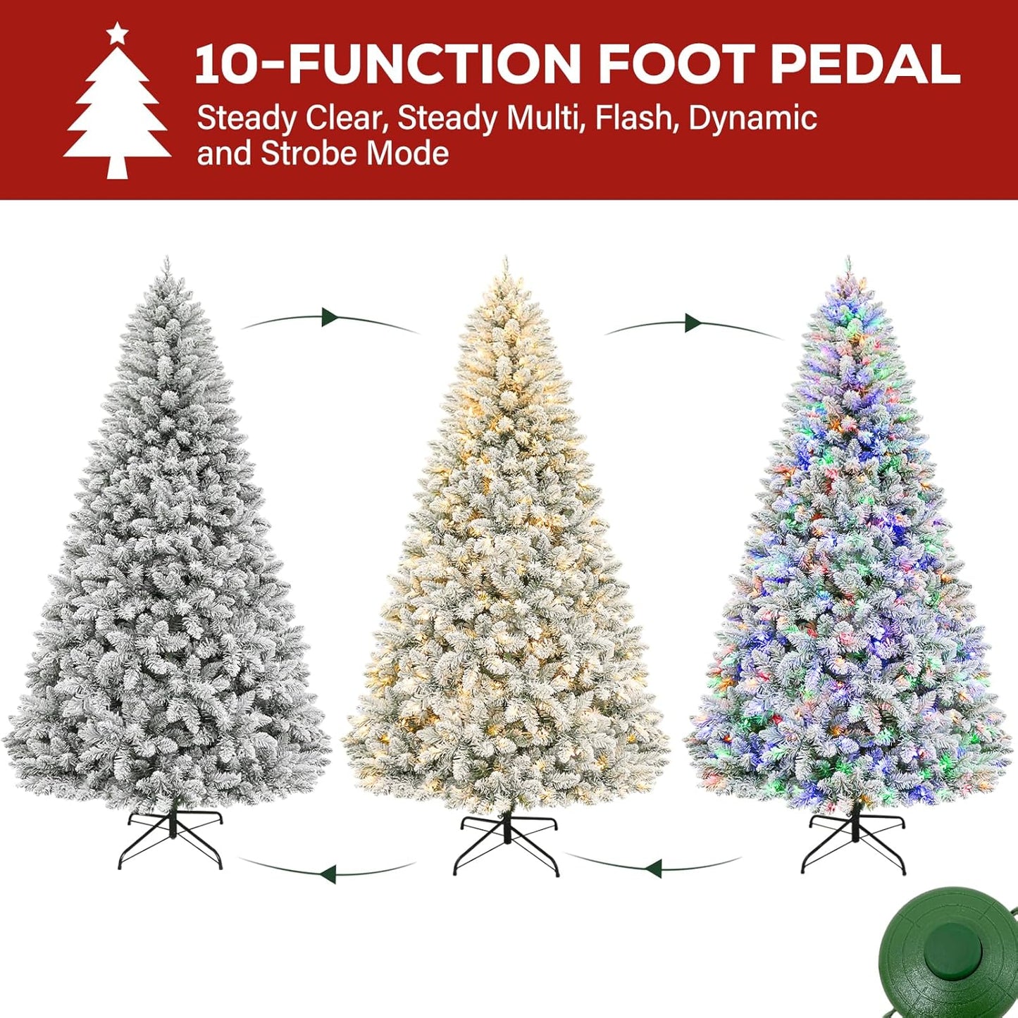 Hykolity 7.5 ft Prelit Snow Flocked Christmas Tree, Artificial Christmas Tree with 450 Color Changing LED Lights, 1446 Branch Tips, Metal Stand and Hinged Branches, 10 Colors
