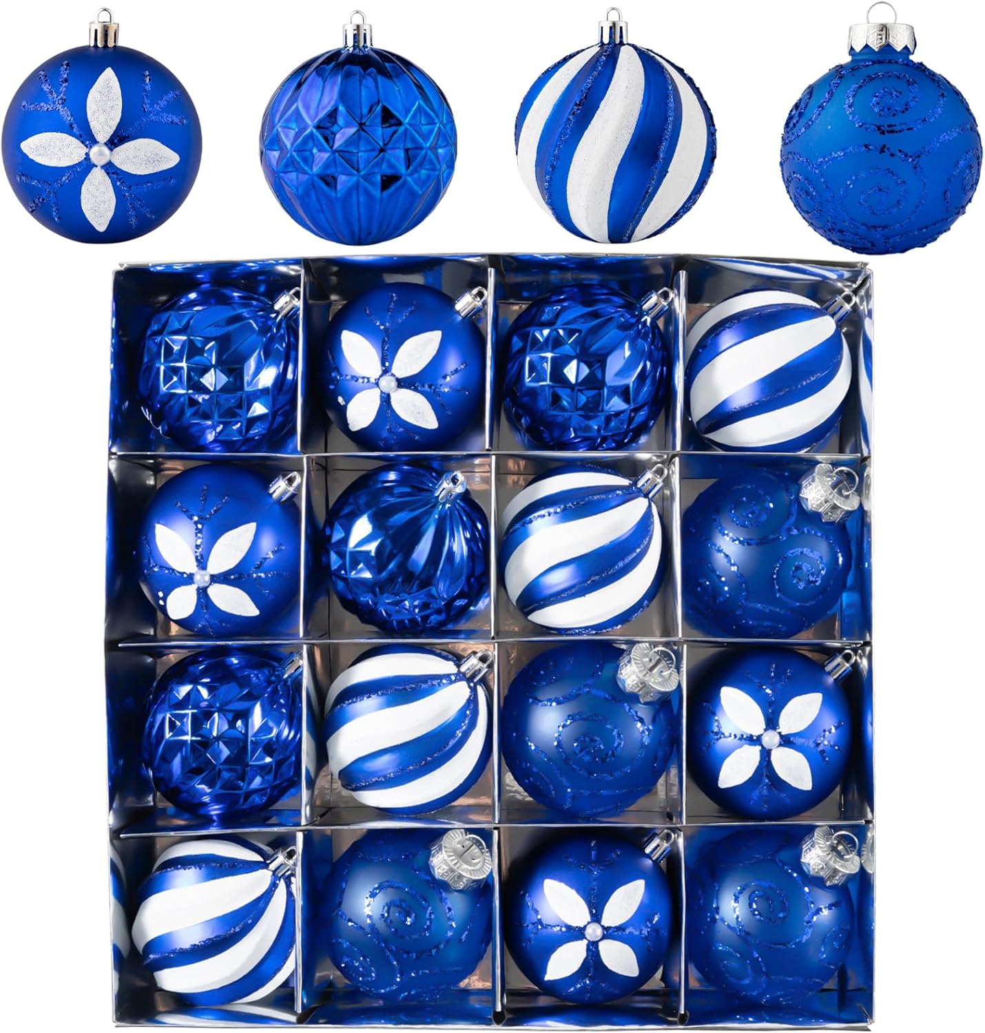 16Pcs Christmas Ball Ornaments Set, 3.15" Shatterproof Christmas Ornaments, Luxury Glitter Hanging Ornaments for Xmas Tree, Xmas Holiday, Party, Wedding (Blue)