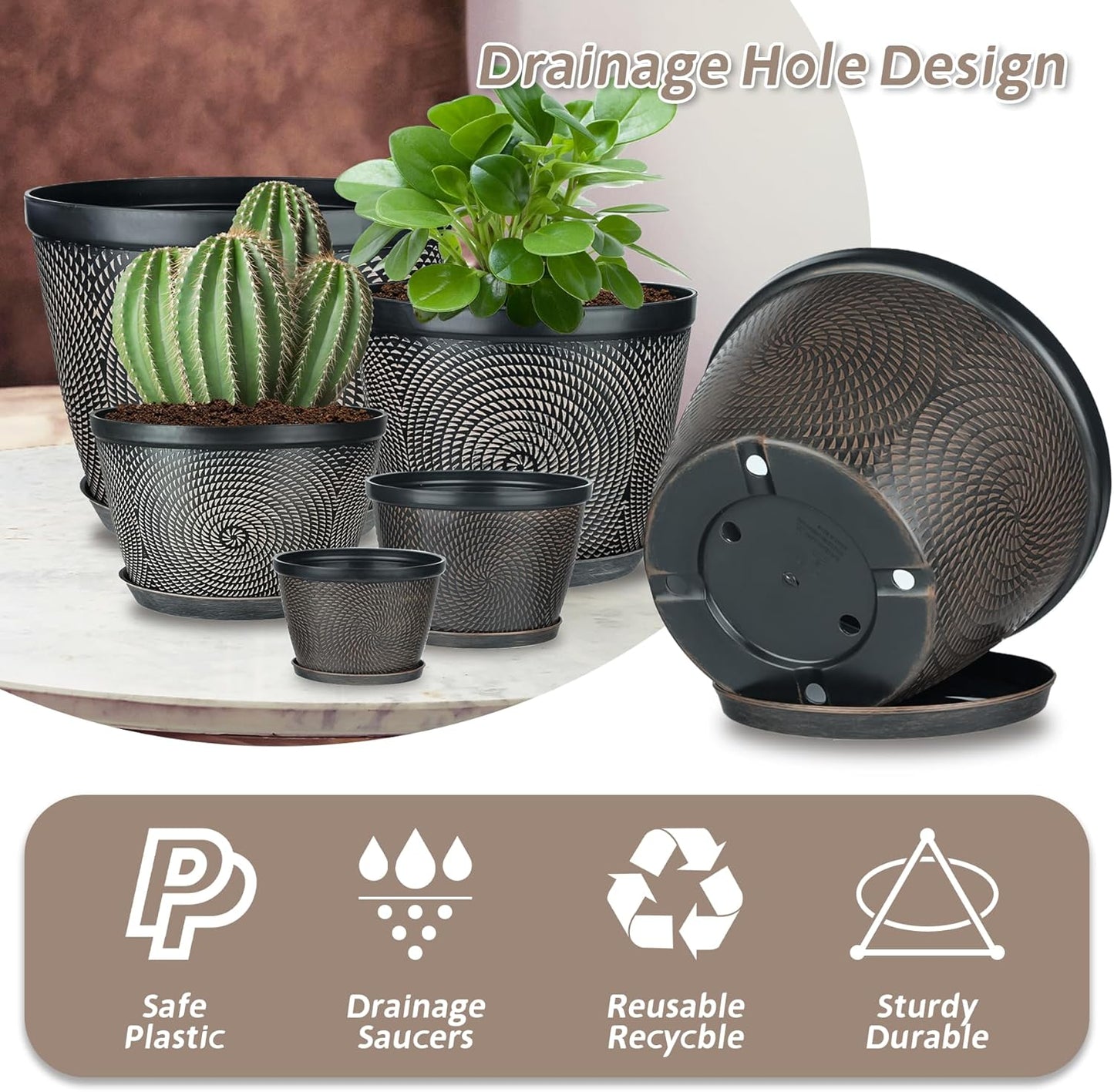 Quarut 10 Inch Flower Pots for Outdoor Indoor, 3 Pack Plastic Plant Pots with Drainage Hole & Tray, Modern Decorative Garden Pot with Saucer, planters for House (Black Copper)
