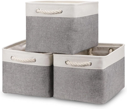Bidtakay Baskets Set of 3 Storage Baskets for Organizing Large Fabric Storage Bins for Shelves Decorative Canvas Bins Collapsible Empty Baskets for Closet,Nursery,Clothes,Toys,Shoes(White&Grey)