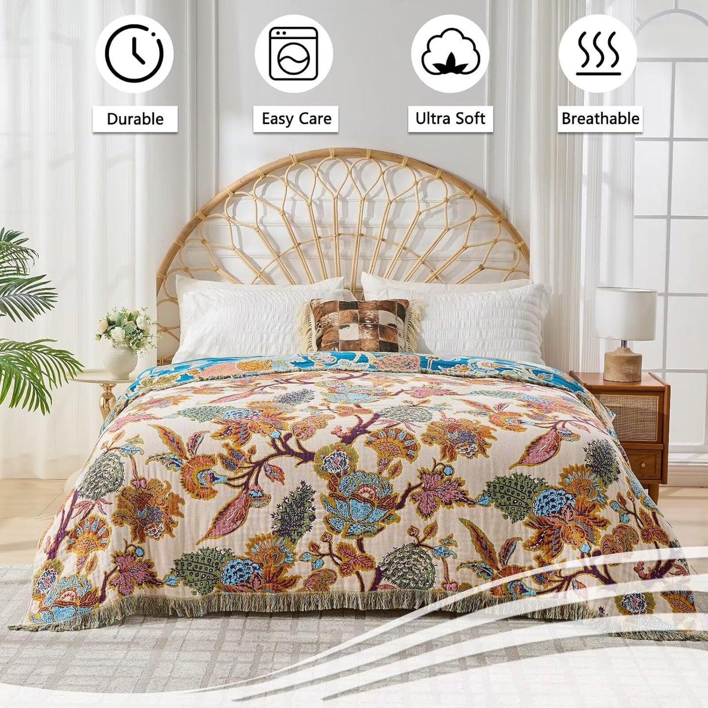 100% Cotton Summer Boho Throw Blanket, King Size Living Room Reversible Blanket, Boho Floral Bird Colorful Retro Quilt Ultra Soft Reversible Gauze Blanket for All Season, 90"x98"