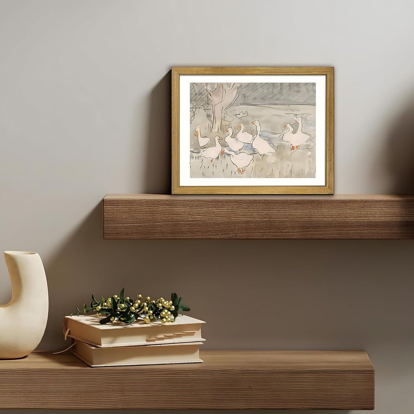 Vintage Framed Goose Wall Art Watercolor Print, Rustic Farm Duck Decor Canvas Painting, Minimalist Pastoral Poster Picture, Country Cottage Wall Decor for Living Room Kitchen Bathroom Bedroom 12x16 in