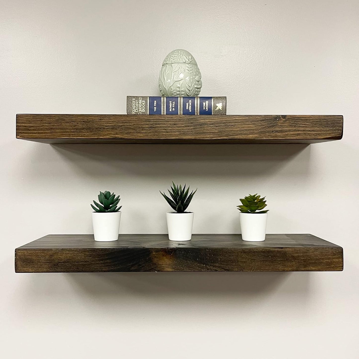 URBANDI, Rustic Floating Shelves, Set of 2, Hidden Bracket, Solid Wood, Heavy Duty, Wall Mounted Shelves, (Dark Brown, 12Wx6D)