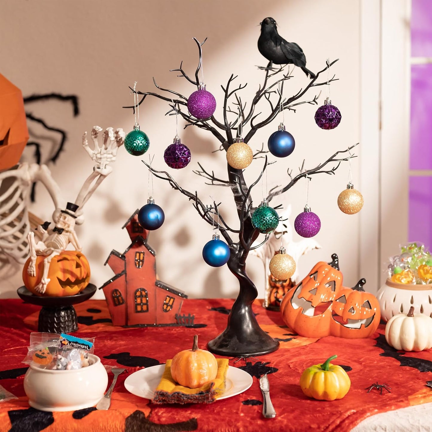 Valery Madelyn Christmas Tree Decorations Ornament Set for Fall Halloween, 50ct 2 Inches Peacock Purple Blue Shatterproof Christmas Ball Ornaments Hanging Xmas Holiday Party Decor