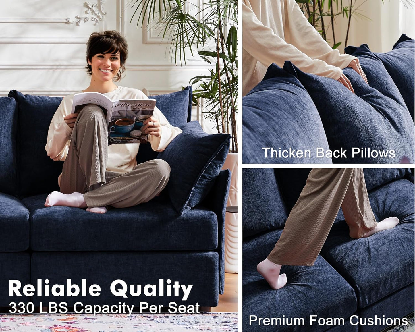 Oversized Accent Chair, Upholstered Modern Sofa Chair with Removable Backrest & Detachable Cover, 24.5" Deep Seat Large Reading Armchair for Living Room Bedroom Office - Chenille Blue Set of 1