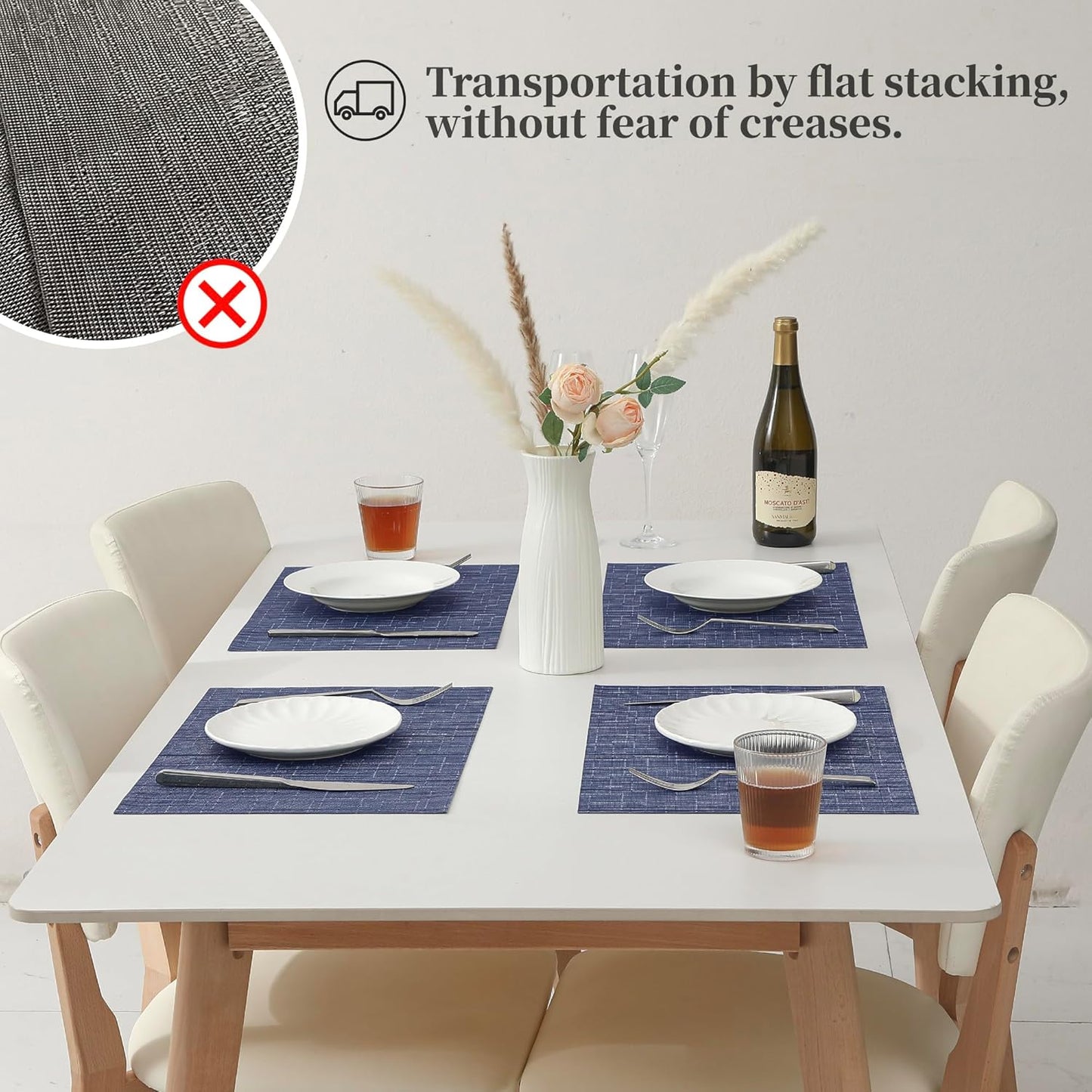 Leetaltree Blue Placemats Set of 6 - Heat Resistant Non-Slip Place mats for Dining Table, Washable Durable PVC Vinyl Woven Table Mats（Blue, 6）