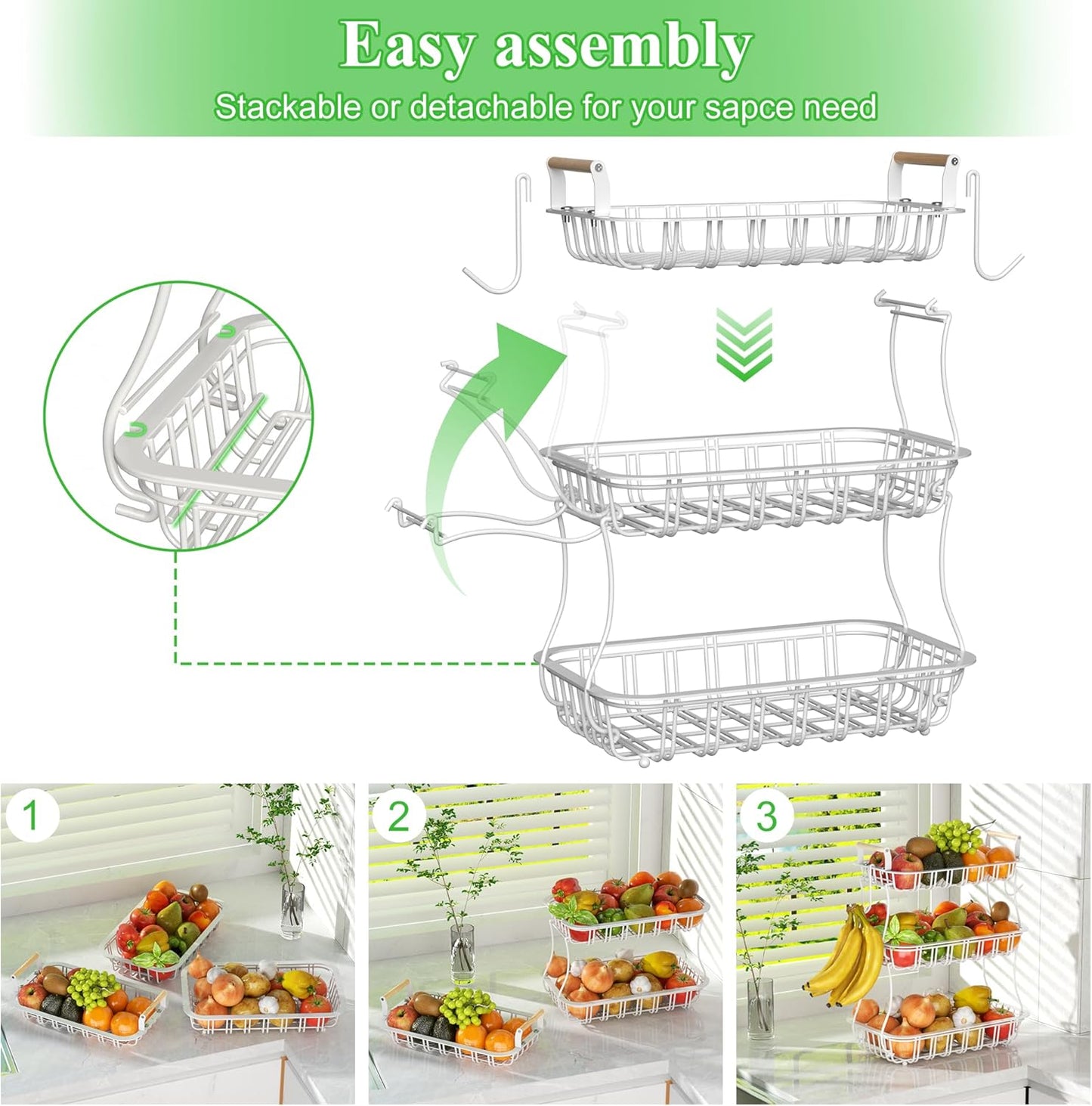 3 Tier Fruit Basket with 2 Banana Hooks, Large Capacity Multifunctional Detachable Sturdy Fruit Bowl with Wooden Handle Mesh Top for Kitchen Counter, for Bread Snacks Vegetables Produce, White