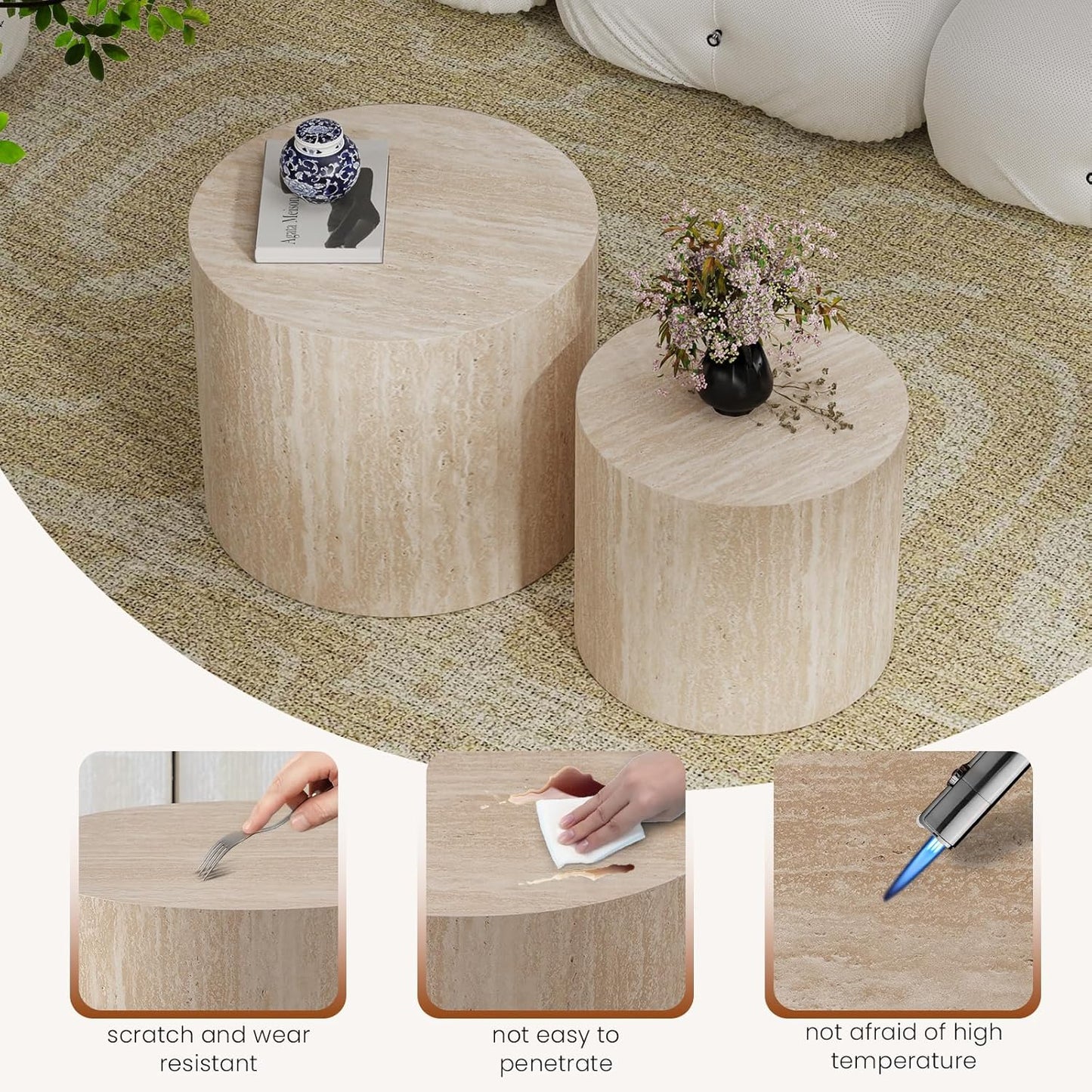 Travertine Round Nesting Coffee Tables 2 Piece Set - Contemporary Design, Round Drum Nesting Side Table Sturdy Build, Multifunctional for Living Room, Office, and Balcony Use (Travertine 18.1in)