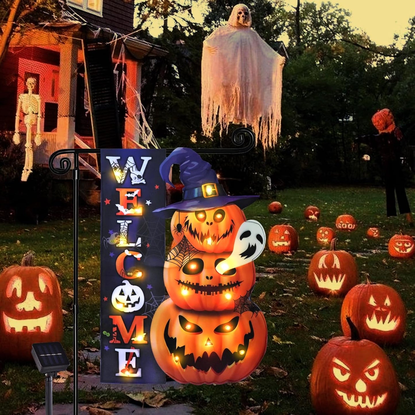 Halloween Lighted Garden Flag, Solar Yard Flag for Outside, 8 Modes Double Sided Welcome Halloween Pumpkin Outdoor Decorations for Home Porch (Pumpkin-12x18)