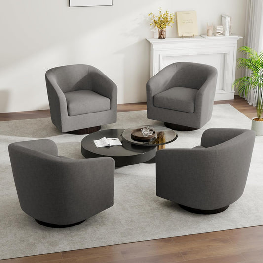 Swivel Barrel Accent Chair, Modern Round Linen Arm Chair for Living Room, Bedroom, Comfy Club Reading Chairs for Adults（Linen Fabric, Grey, Set of 4