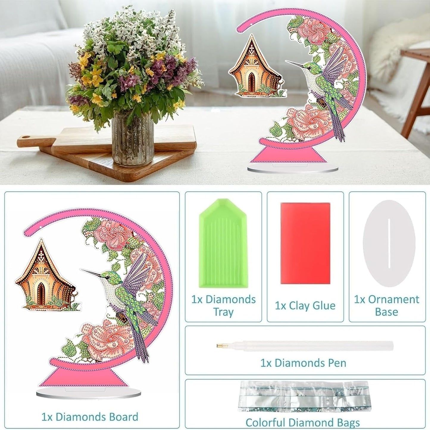 Diamond Painting Kits for Adults Beginners, 5D Full Drill Bird Crystal Art Desktop Ornament, DIY Single Sided Home Office Desk Decor, Creative Craft Gift Set with Tools