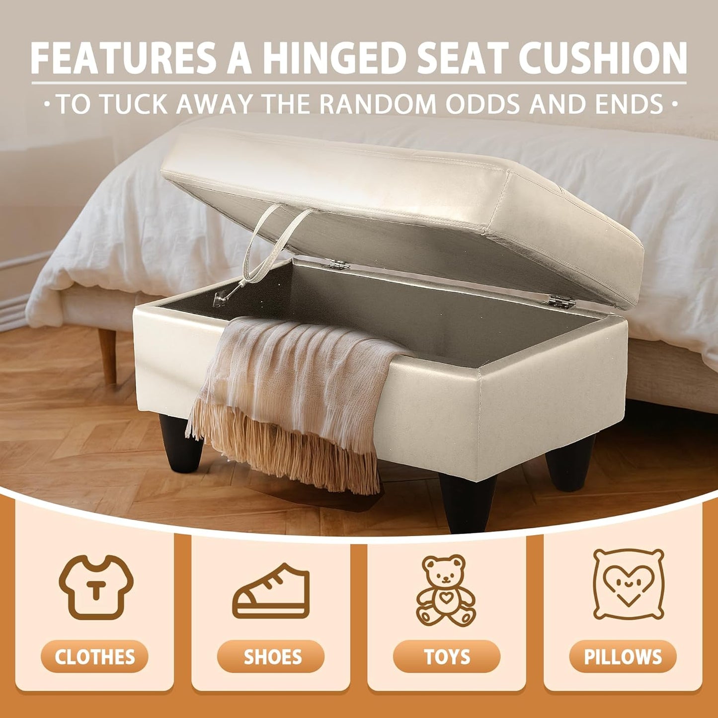 Ottoman Rectangular Storage Ottoman Bench, Faux Leather Footrest, Coffee Table, Stool Footstool with Hinged Lid for Living Room, Bedroom, Entryway, Champagne, 35"x23.5"x17.5"