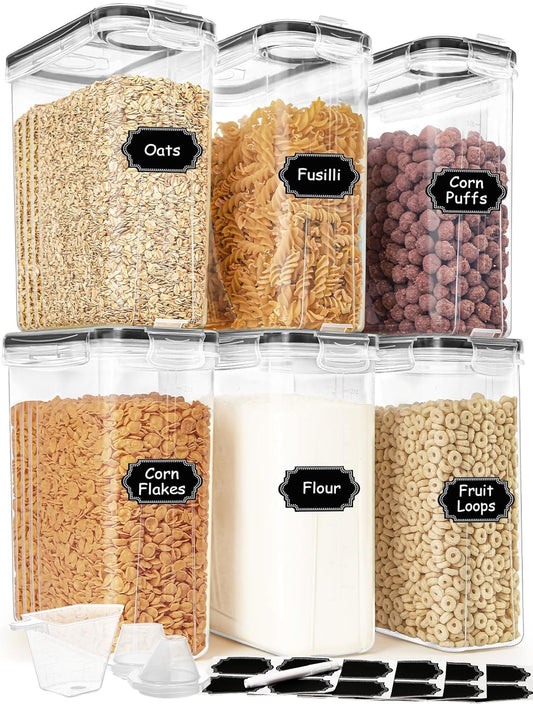 Cereal Containers Storage Set (4L / 135.2oz), 6PCS Airtight Food Storage Containers with Lids, Cereal Dispensers for kitchen Pantry Organizers and Storage with Pour Spout, 20 Labels, Marker
