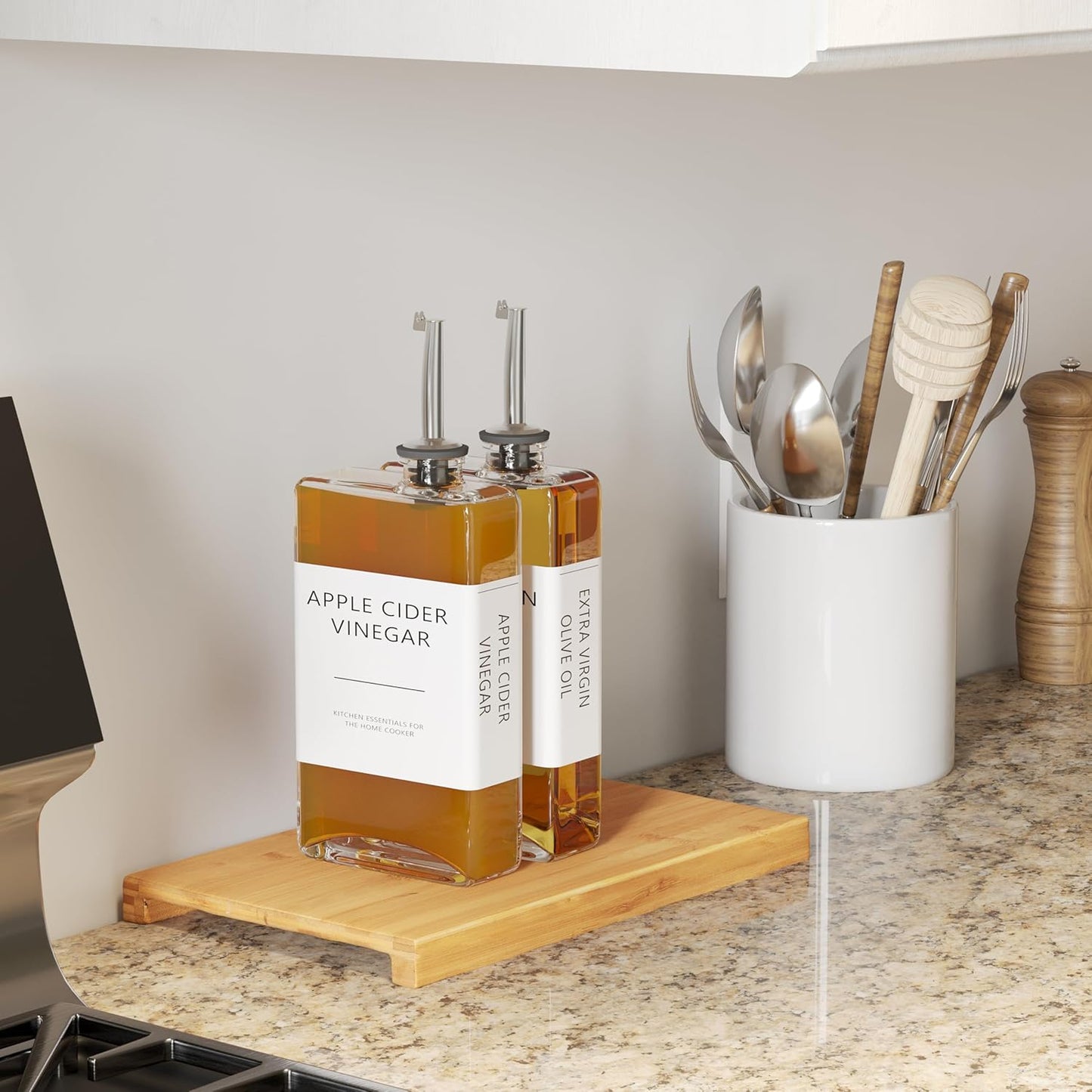 New England Stories Kitchen Cooking Oil Dispenser Set, Olive Oil and Vinegar Bottles, Soy Sauce Dispenser - 2 Pieces, Silver, Durable & Stylish Design