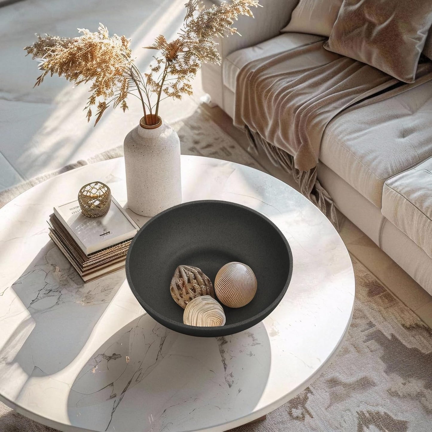 Large Decorative Resin Bowl, Modern Handicraft Bowls for Home Decor, Decorative Fruit Bowl for Kitchen Counter, Stylish Key Bowl for Entry Table, Artificial Stone Black